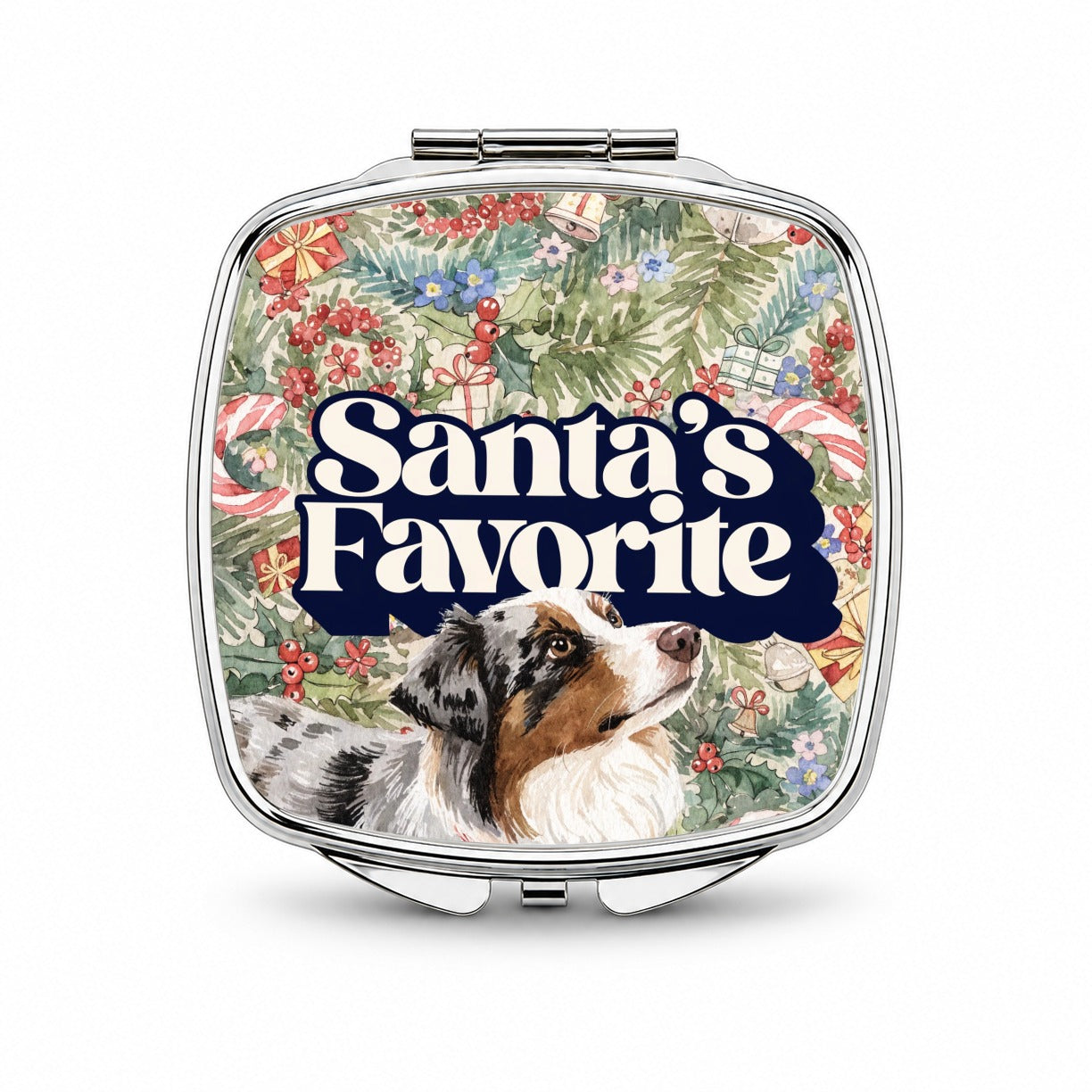 Miniature Australian Shepherd Mini Aussie Dog Christmas Santa's Favorite Small Travel Purse Handbag Pocket Makeup Compact Mirror