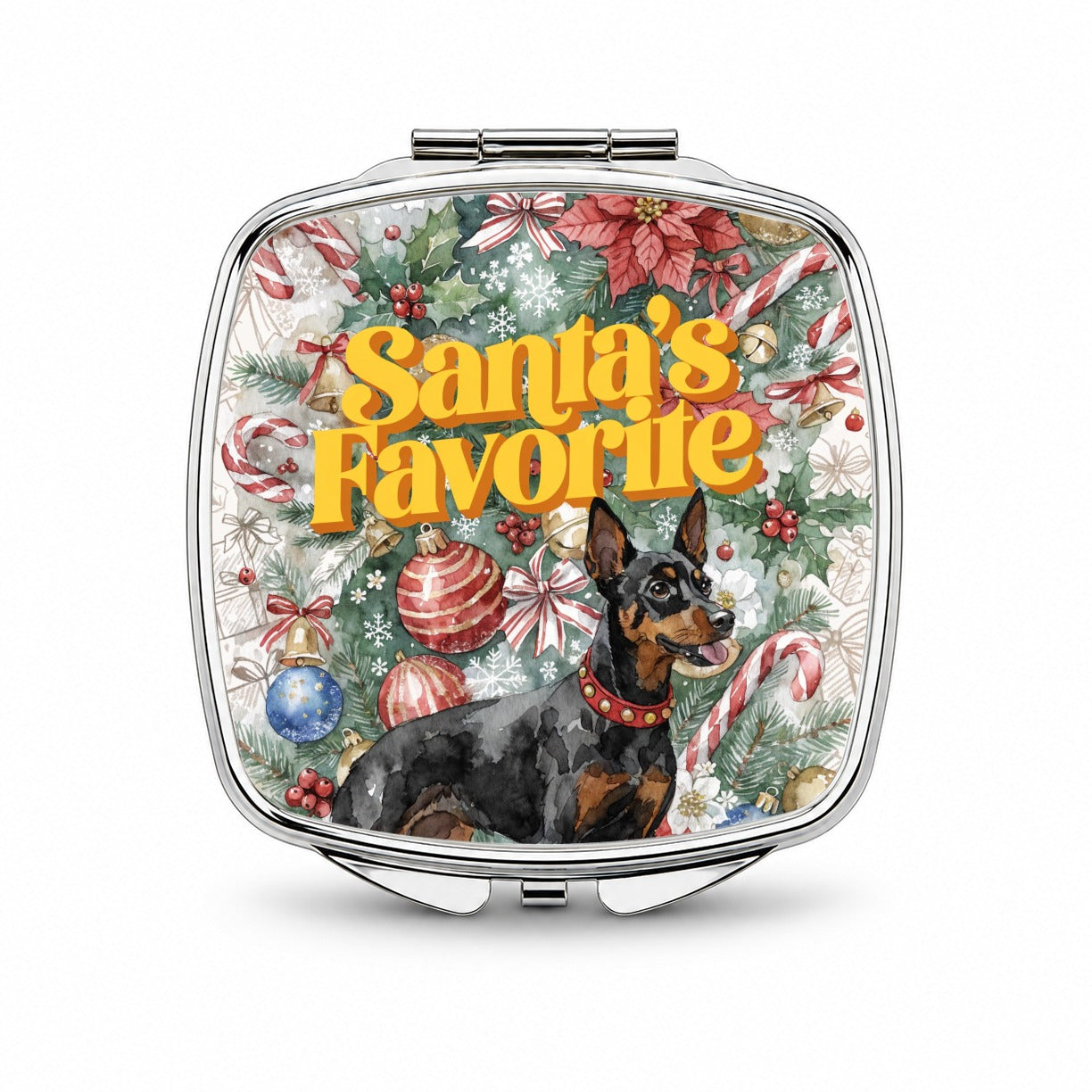 Miniature Pinscher Dog Christmas Santa's Favorite Small Travel Purse Handbag Pocket Makeup Compact Mirror