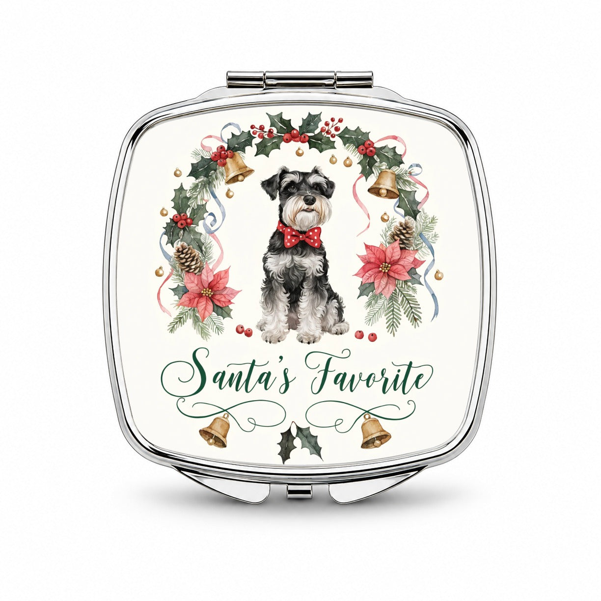 Miniature Schnauzer Dog Christmas Santa's Favorite Small Travel Purse Handbag Pocket Makeup Compact Mirror