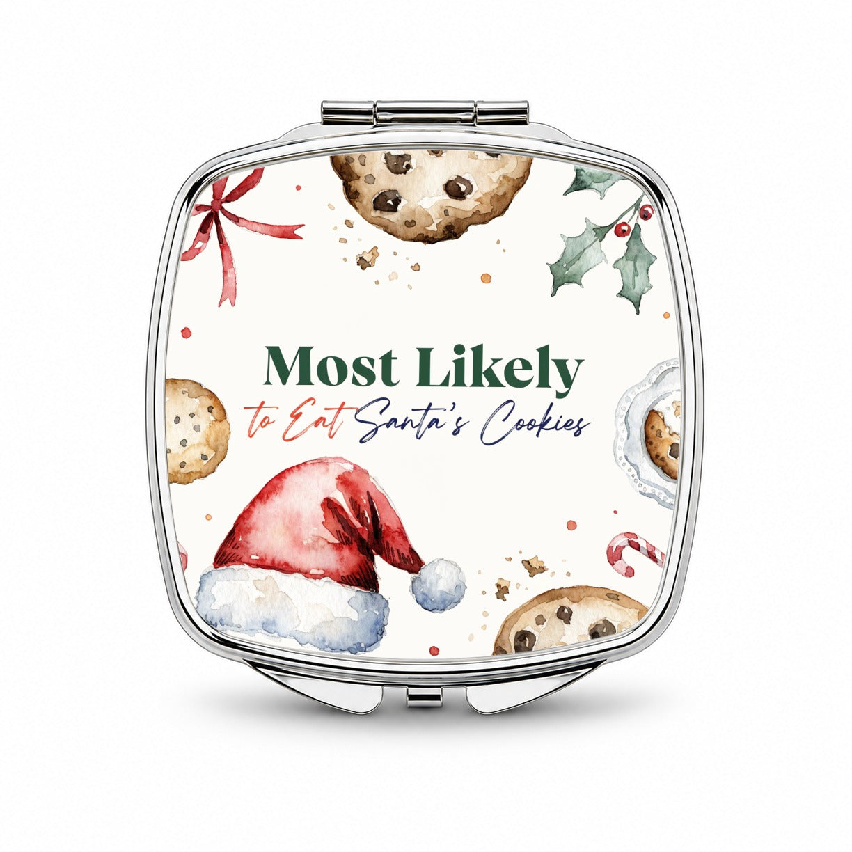 Most Likely To Eat Santa's Cookies Christmas Funny Small Travel Purse Handbag Pocket Makeup Compact Mirror