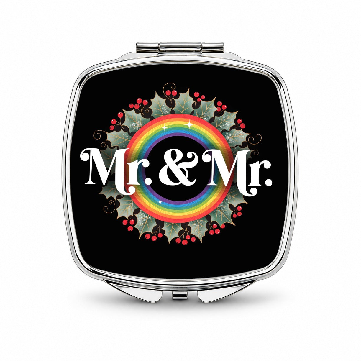 Mr and Mr Pride Gay Rainbow Christmas Wreath Small Travel Purse Handbag Pocket Makeup Compact Mirror