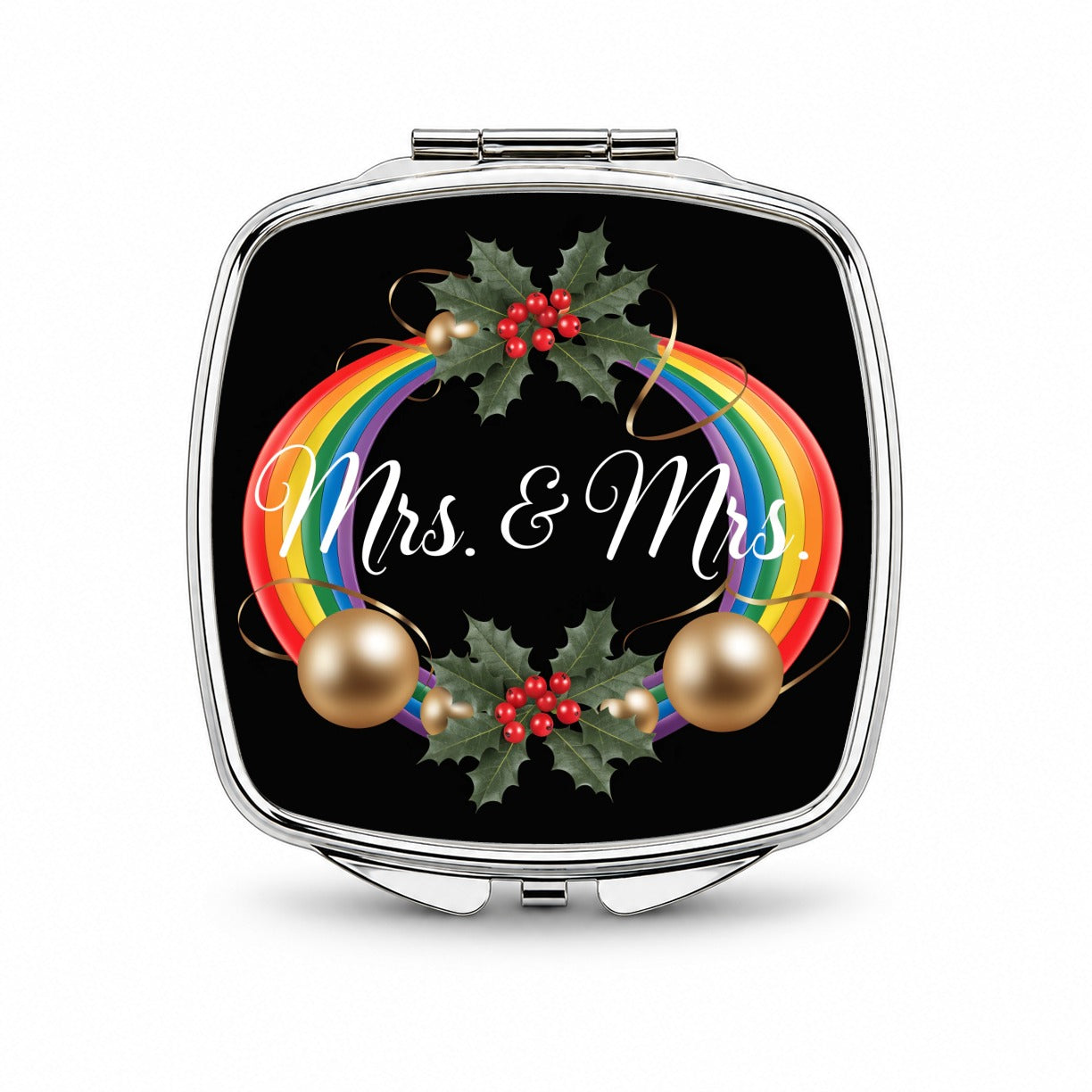 Mrs and Mrs Pride Gay Lesbian Rainbow Christmas On Black Small Travel Purse Handbag Pocket Makeup Compact Mirror