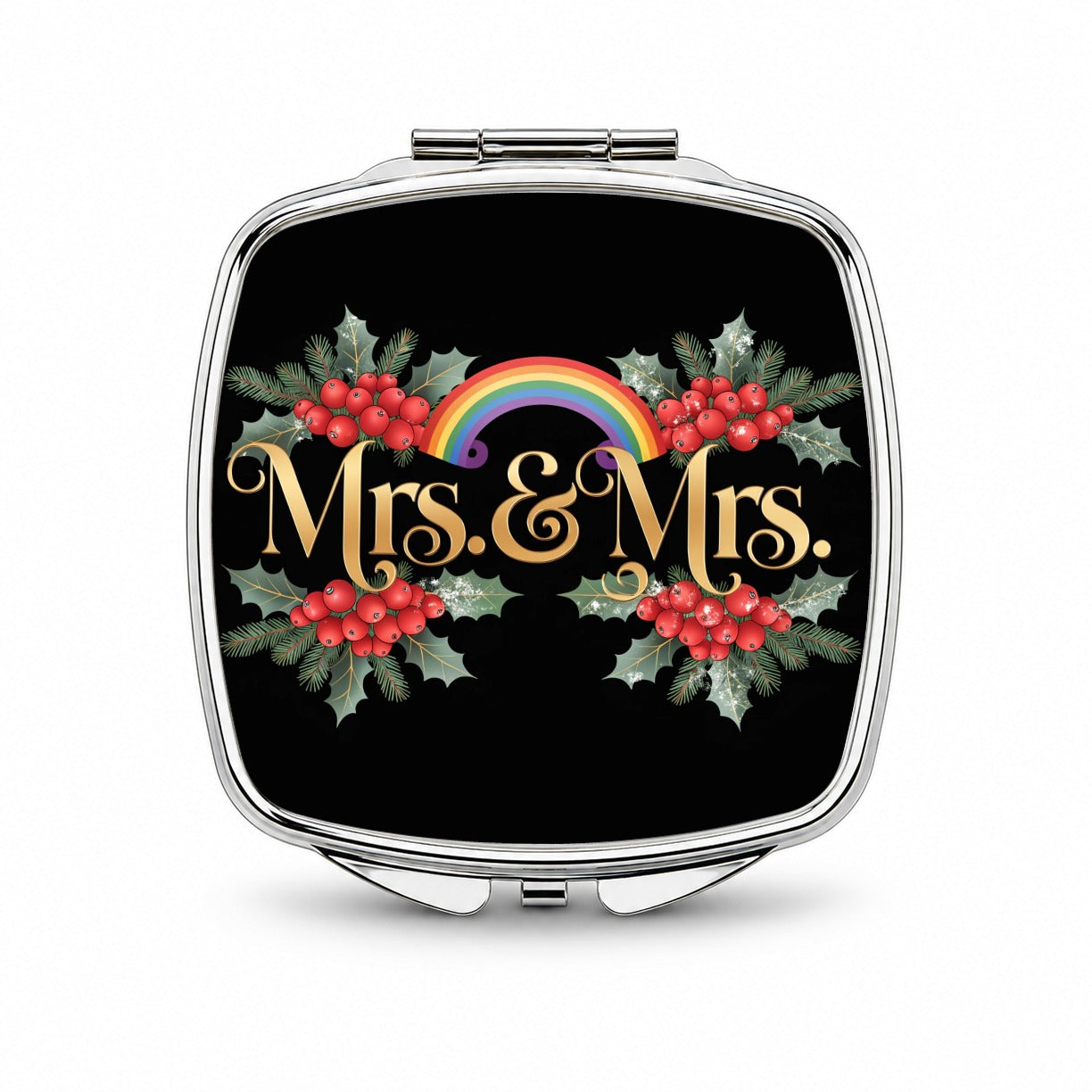 Mrs and Mrs Pride Lesbian LGBTQ Rainbow Christmas Small Travel Purse Handbag Pocket Makeup Compact Mirror