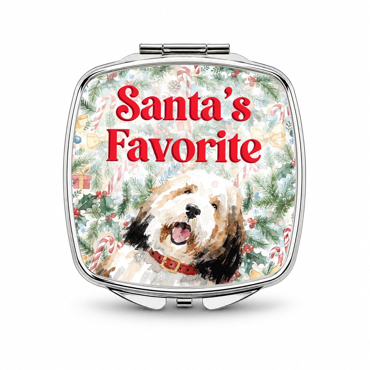 Old English Sheepdog Christmas Santa's Favorite Small Travel Purse Handbag Pocket Makeup Compact Mirror
