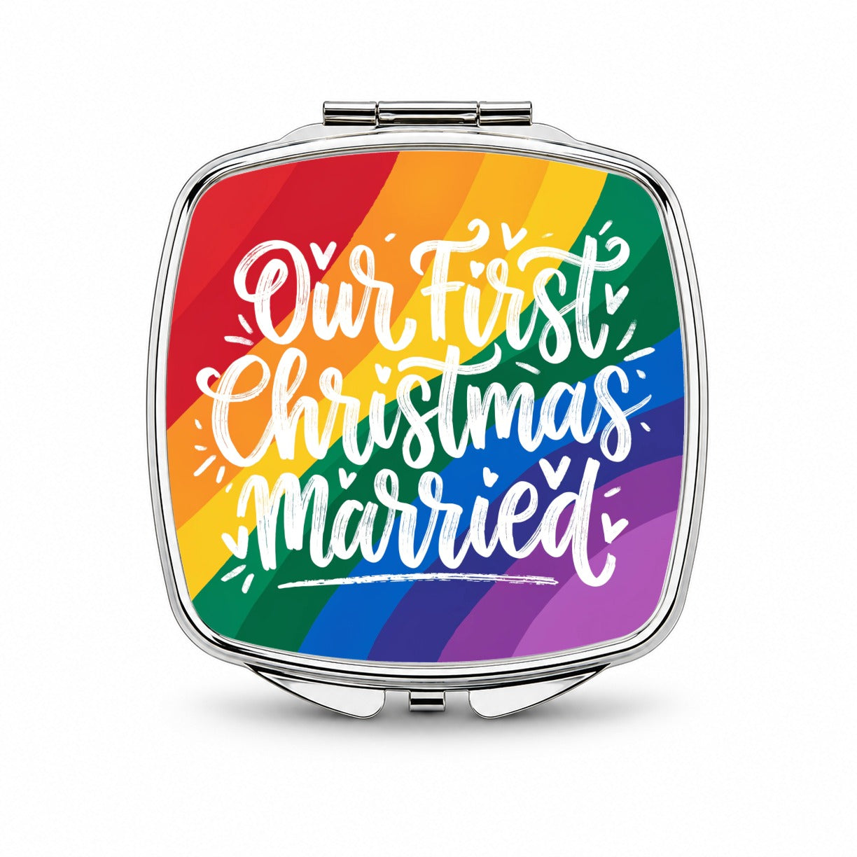 Our First Christmas Married LGBTQ Pride Rainbow Small Travel Purse Handbag Pocket Makeup Compact Mirror