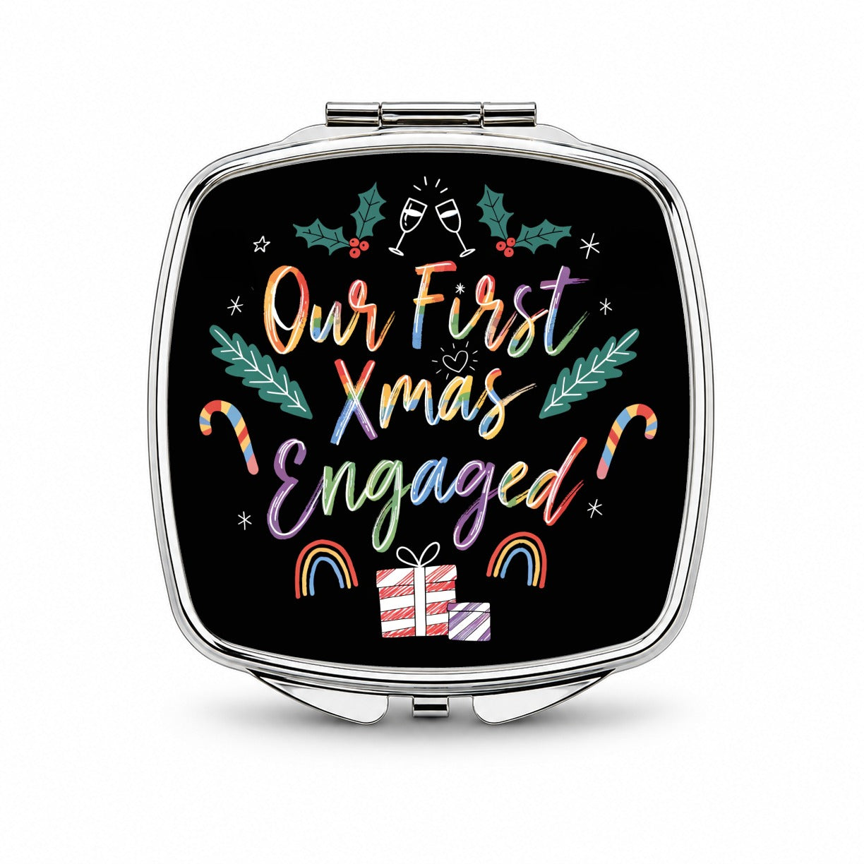 Our First Christmas Xmas Engaged LGBTQ Pride Cute Small Travel Purse Handbag Pocket Makeup Compact Mirror