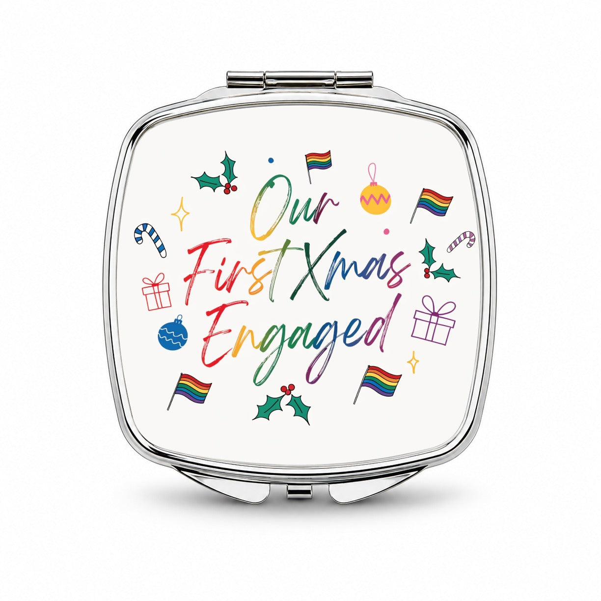 Our First Christmas Xmas Engaged Pride LGBTQ Small Travel Purse Handbag Pocket Makeup Compact Mirror