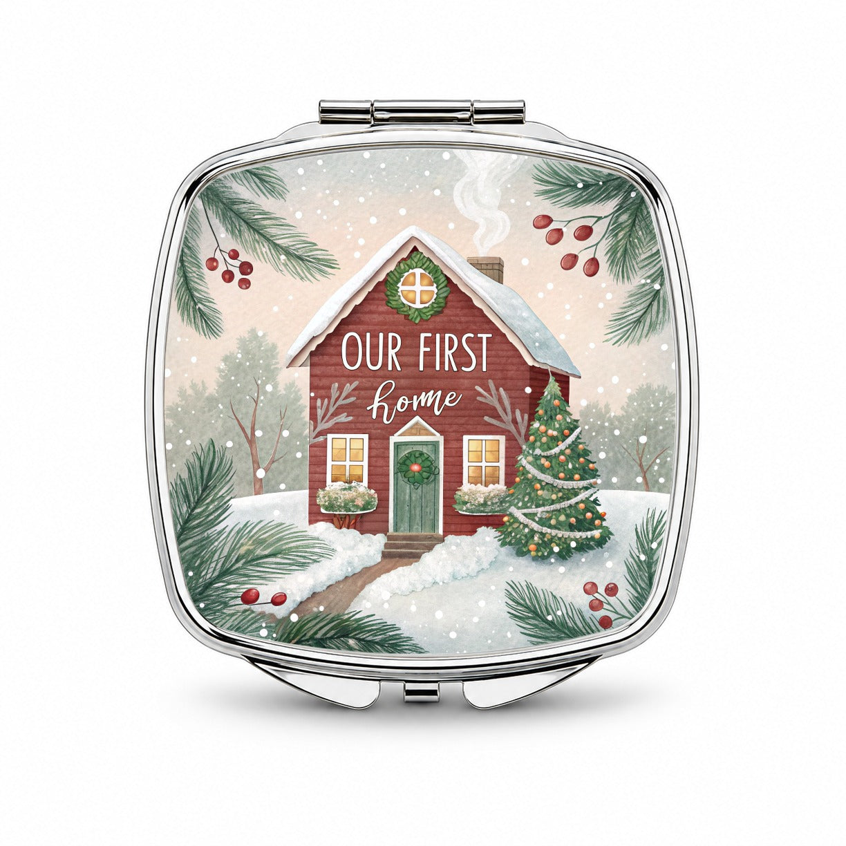 Our First Home Christmas Red House Small Travel Purse Handbag Pocket Makeup Compact Mirror
