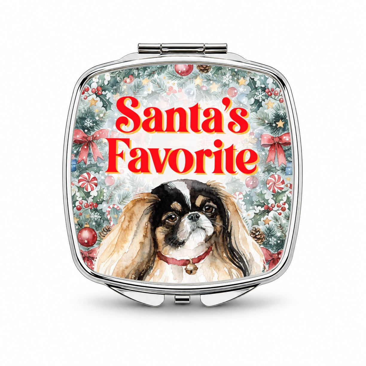 Pekingese Dog Christmas Santa's Favorite Small Travel Purse Handbag Pocket Makeup Compact Mirror