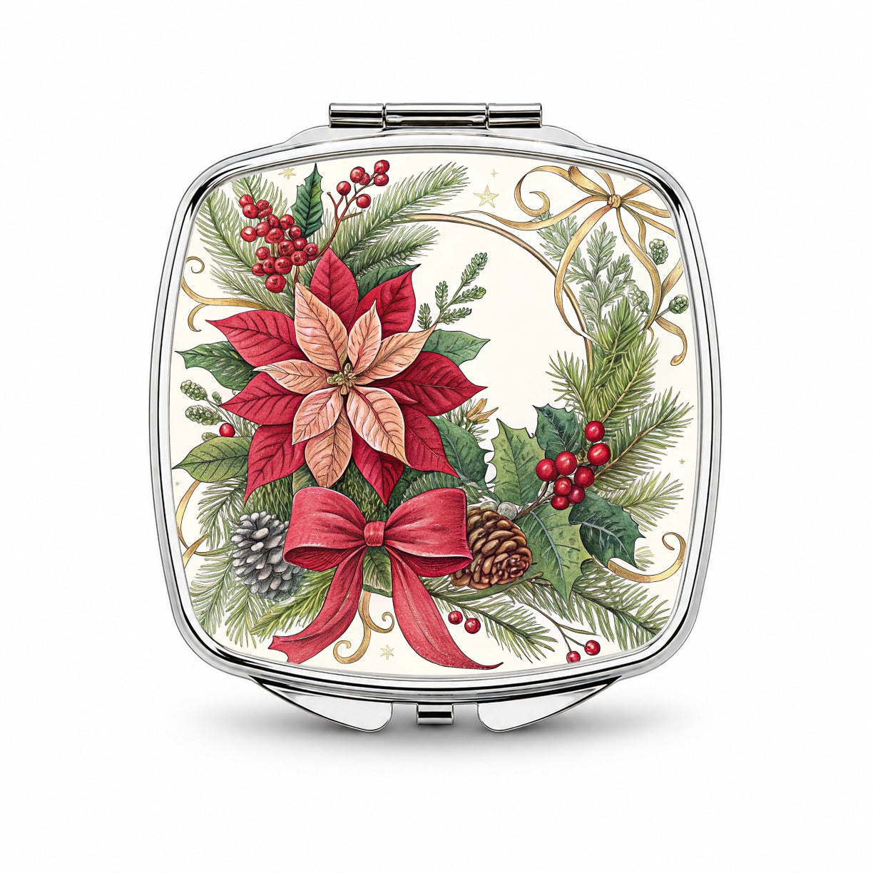 Poinsettias Holly Berries Christmas Small Travel Purse Handbag Pocket Makeup Compact Mirror