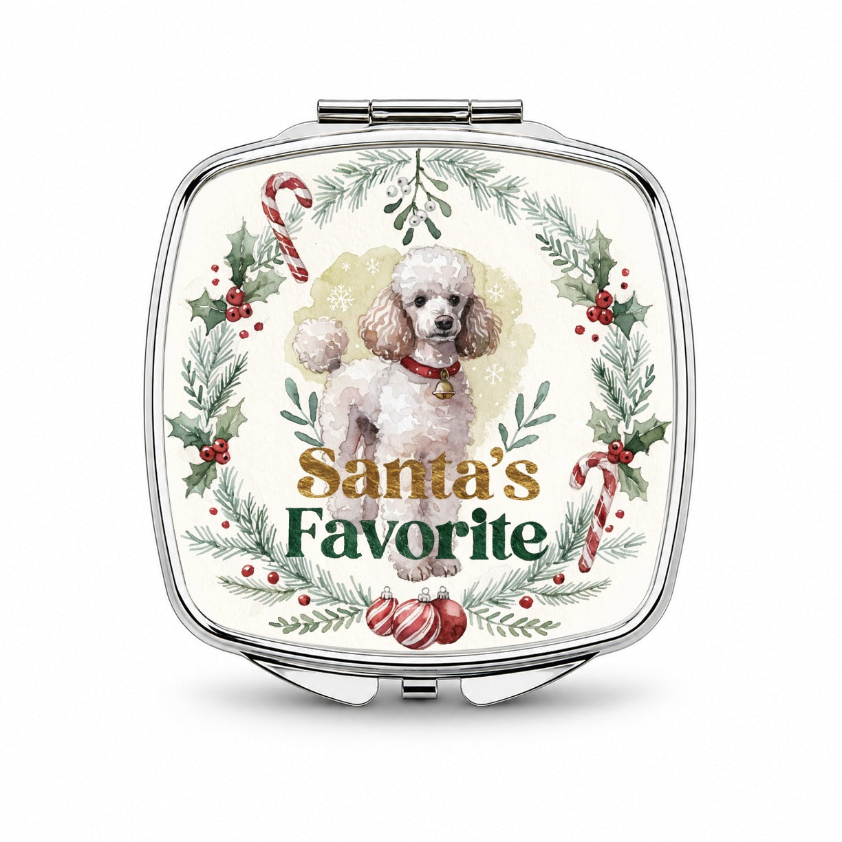 Poodle White Dog Christmas Santa's Favorite Small Travel Purse Handbag Pocket Makeup Compact Mirror