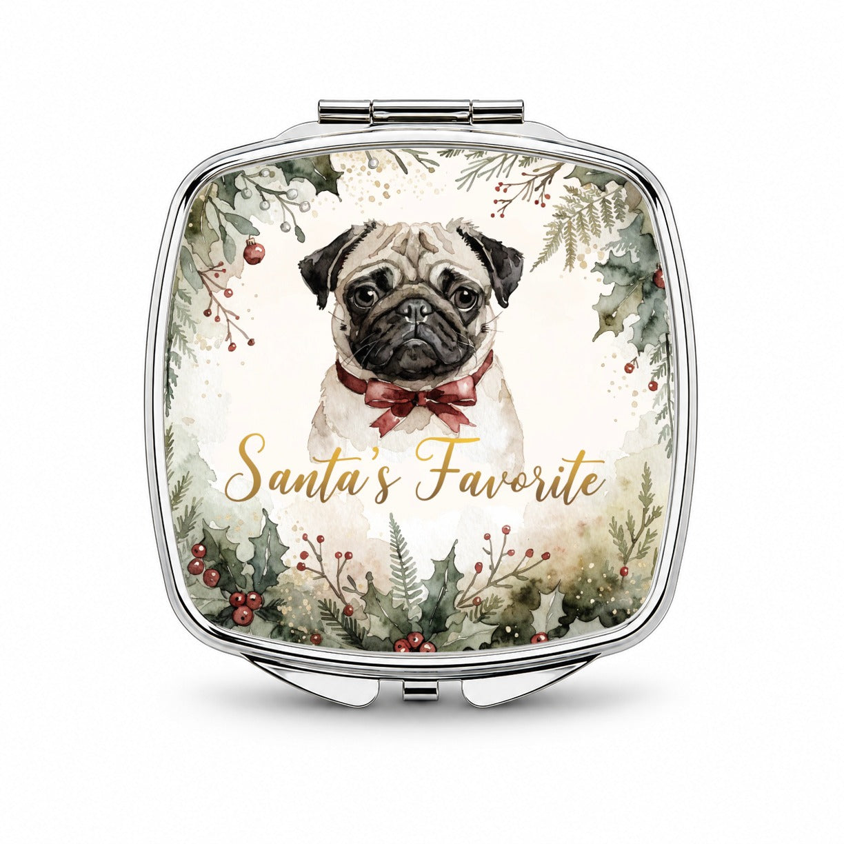 Pug Dog Christmas Santa's Favorite Small Travel Purse Handbag Pocket Makeup Compact Mirror