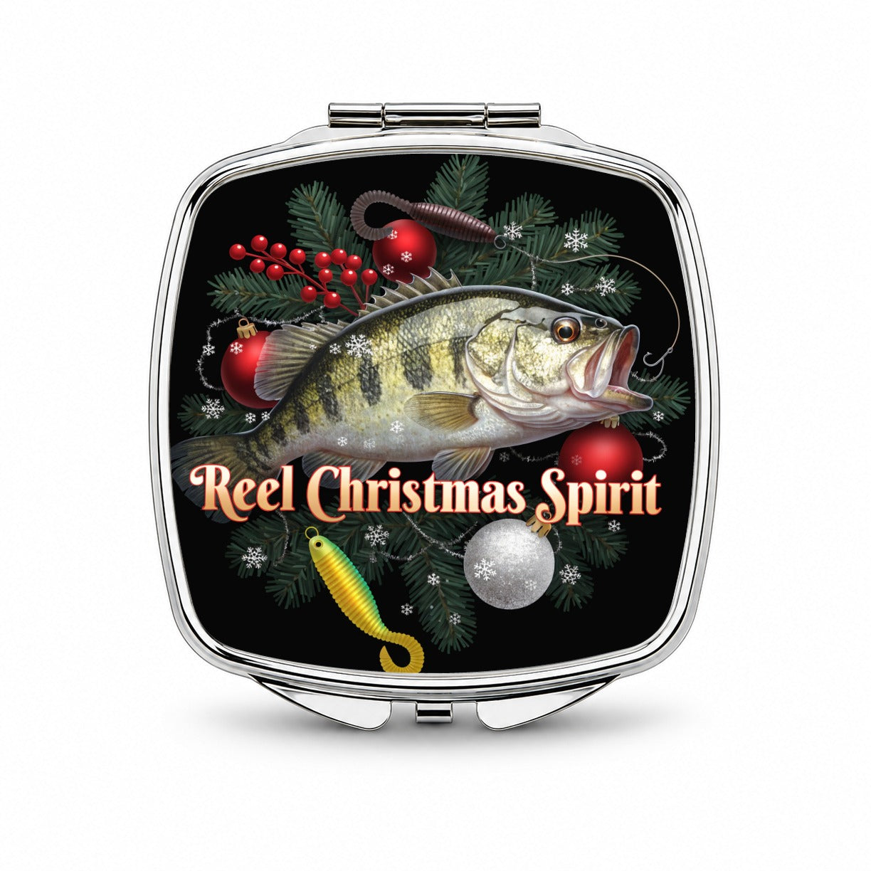 Reel Christmas Spirit Fishing Fisherman Small Travel Purse Handbag Pocket Makeup Compact Mirror