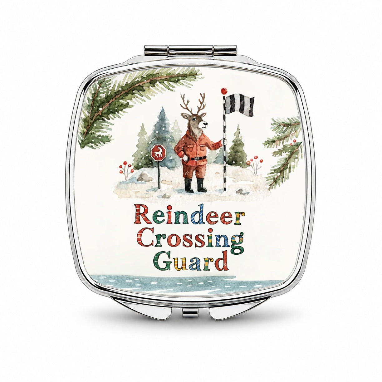 Reindeer Crossing Guard Christmas Funny Small Travel Purse Handbag Pocket Makeup Compact Mirror