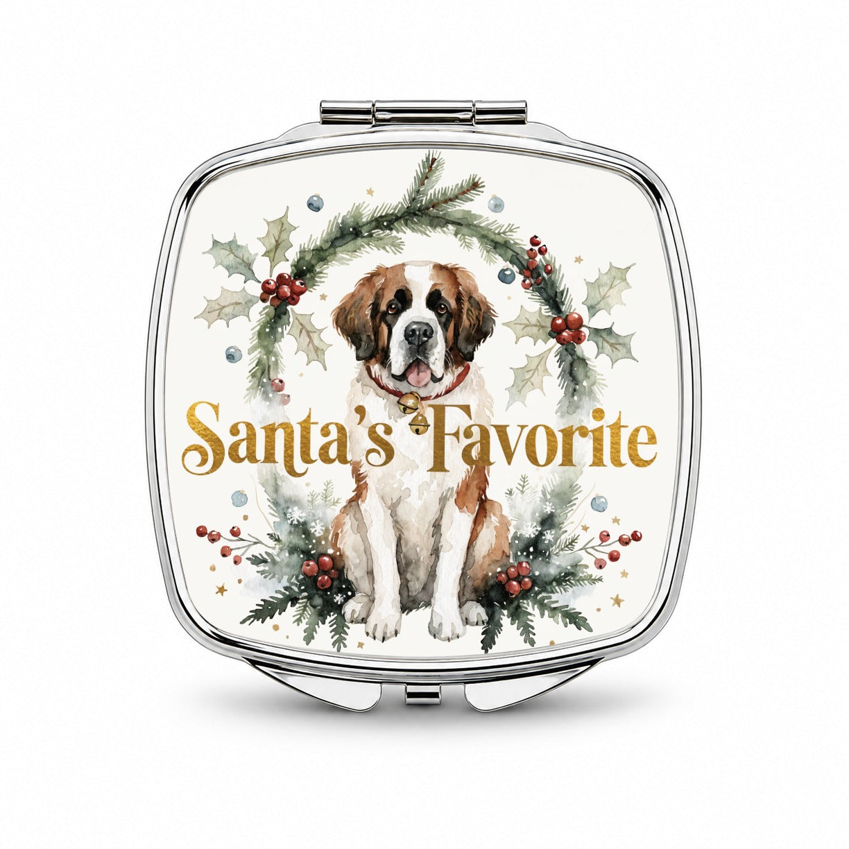 Saint Bernard Dog Christmas Santa's Favorite Small Travel Purse Handbag Pocket Makeup Compact Mirror