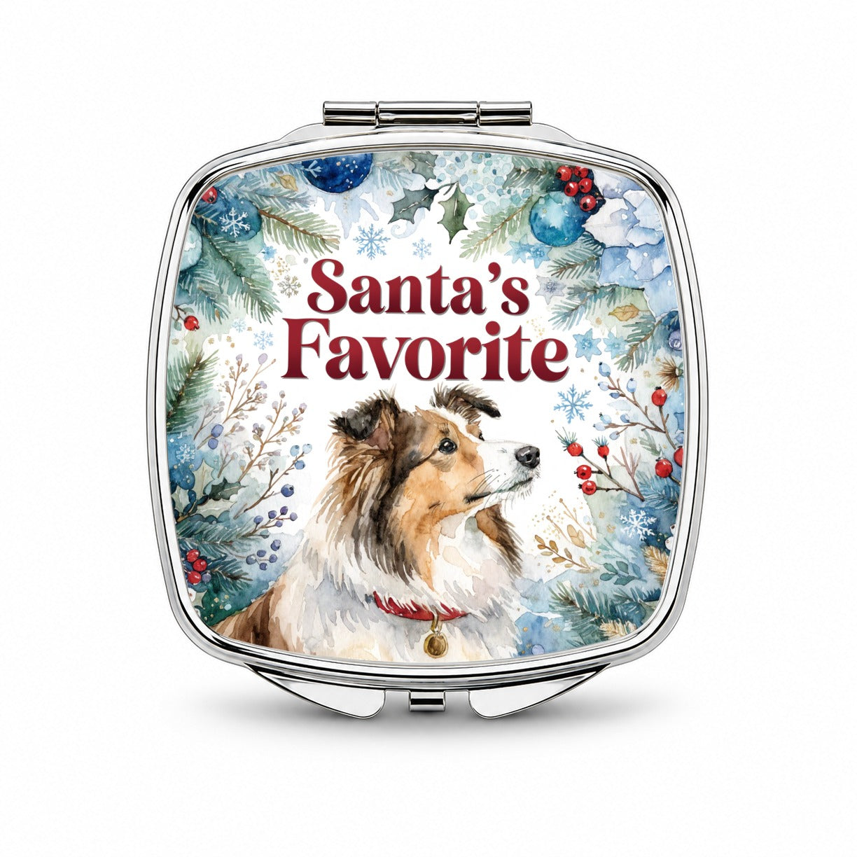 Shetland Sheepdog Christmas Santa's Favorite Small Travel Purse Handbag Pocket Makeup Compact Mirror