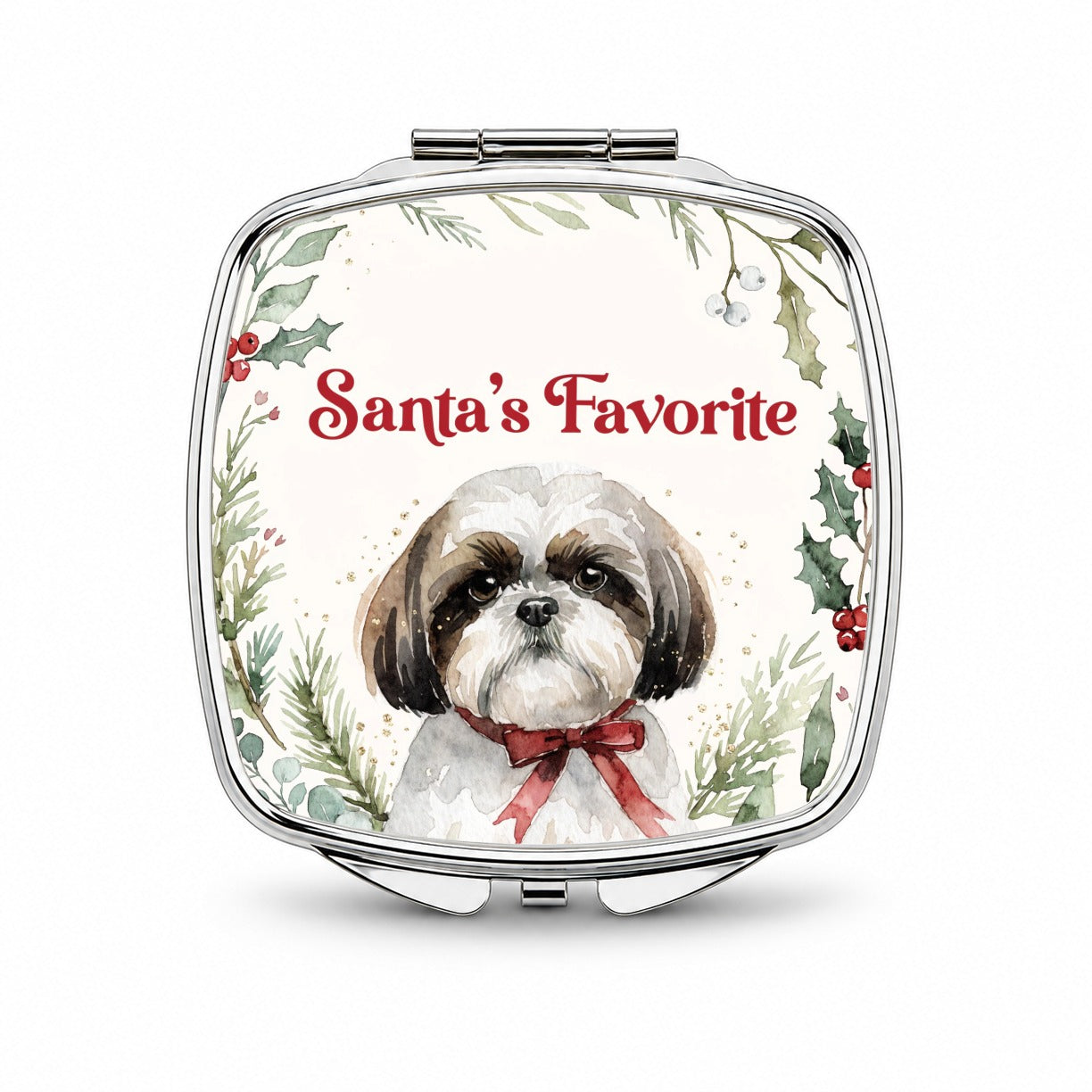 Shih Tzu Dog Christmas Santa's Favorite Small Travel Purse Handbag Pocket Makeup Compact Mirror
