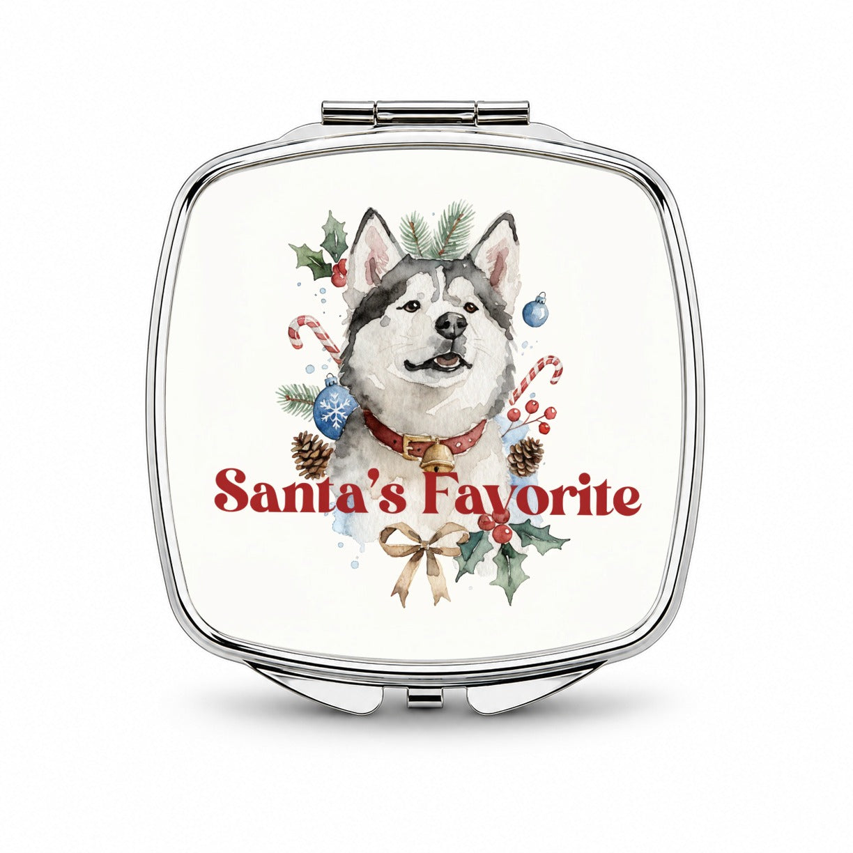 Siberian Husky Dog Christmas Santa's Favorite Small Travel Purse Handbag Pocket Makeup Compact Mirror