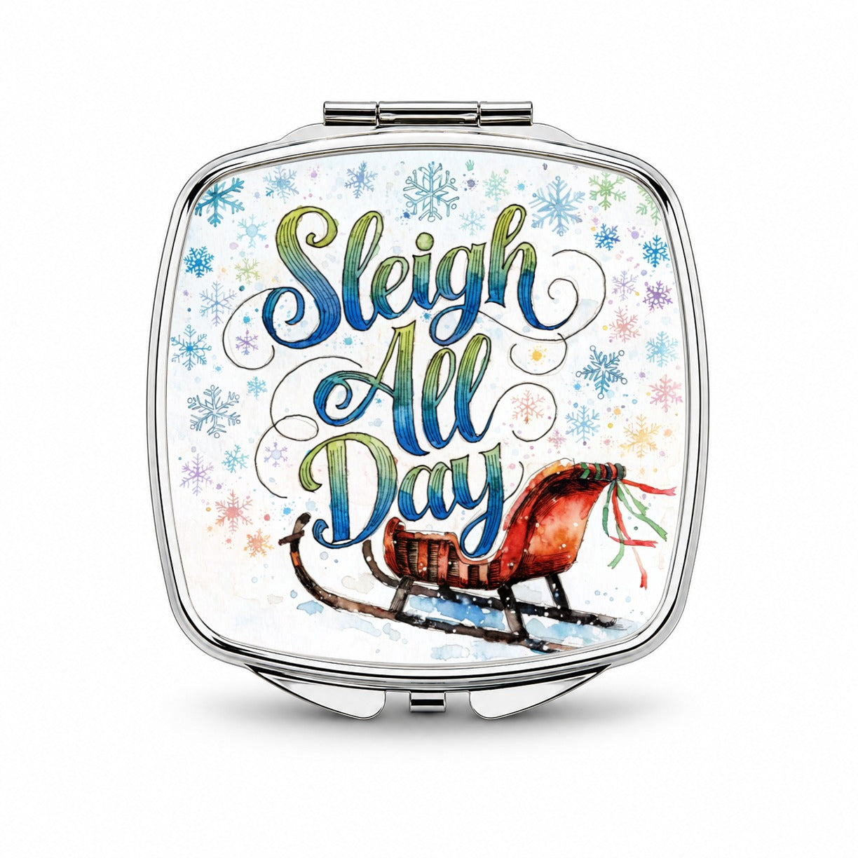 Sleigh Slay All Day Christmas Funny Snowflakes Small Travel Purse Handbag Pocket Makeup Compact Mirror