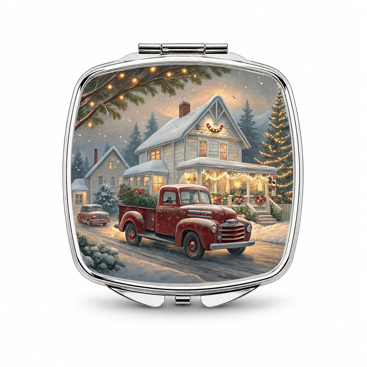 Vintage Americana Christmas Red Truck Small Travel Purse Handbag Pocket Makeup Compact Mirror