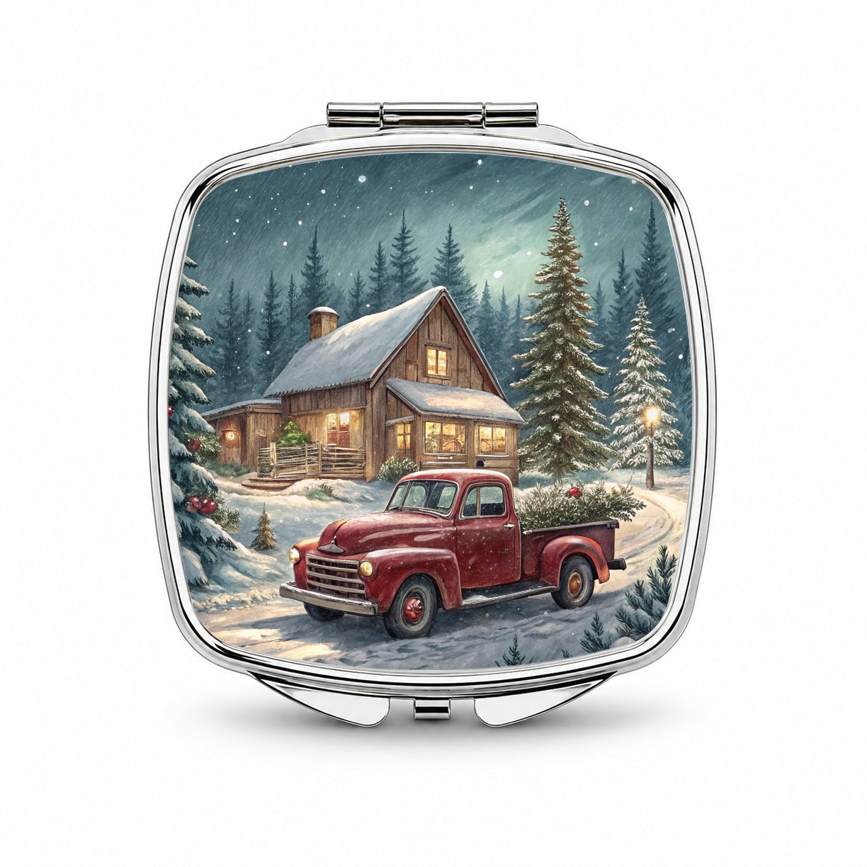 Vintage Americana Christmas Tree In Red Truck Small Travel Purse Handbag Pocket Makeup Compact Mirror