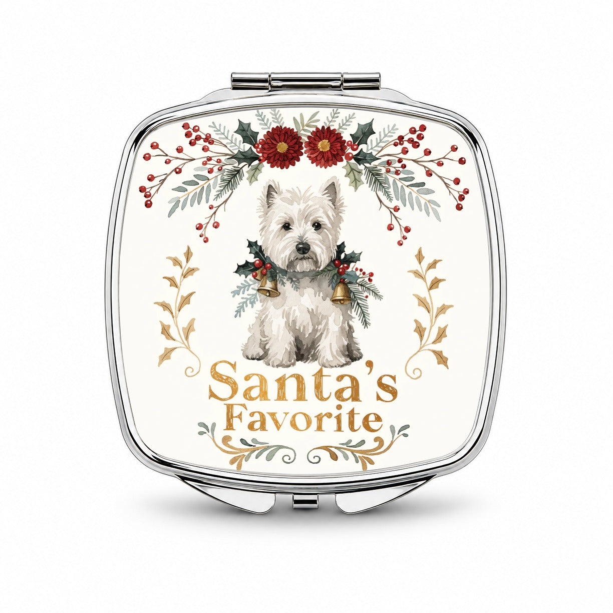 West Highland White Terrier Westie Dog Christmas Santa's Favorite Small Travel Purse Handbag Pocket Makeup Compact Mirror