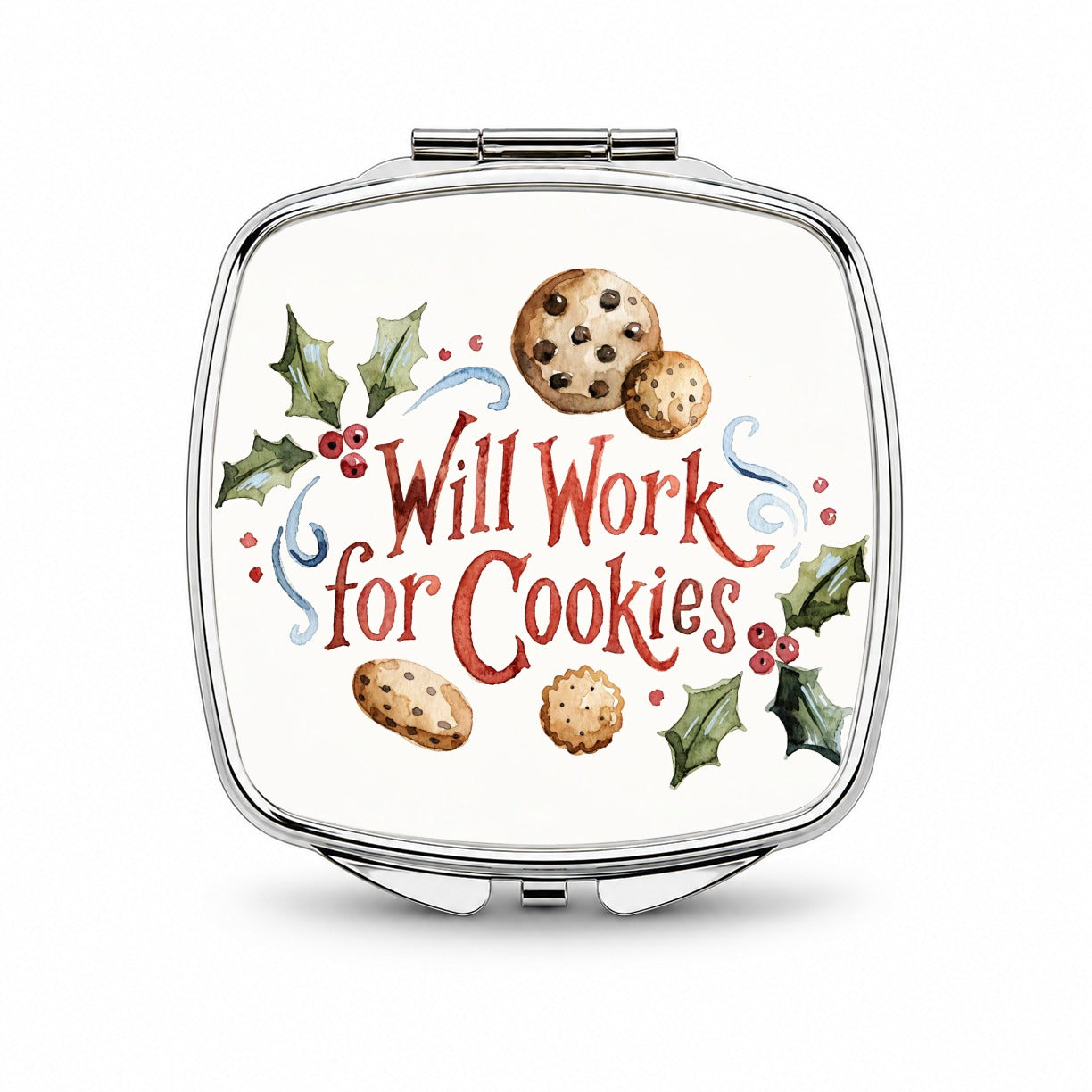 Will Work For Cookies Christmas Funny Small Travel Purse Handbag Pocket Makeup Compact Mirror