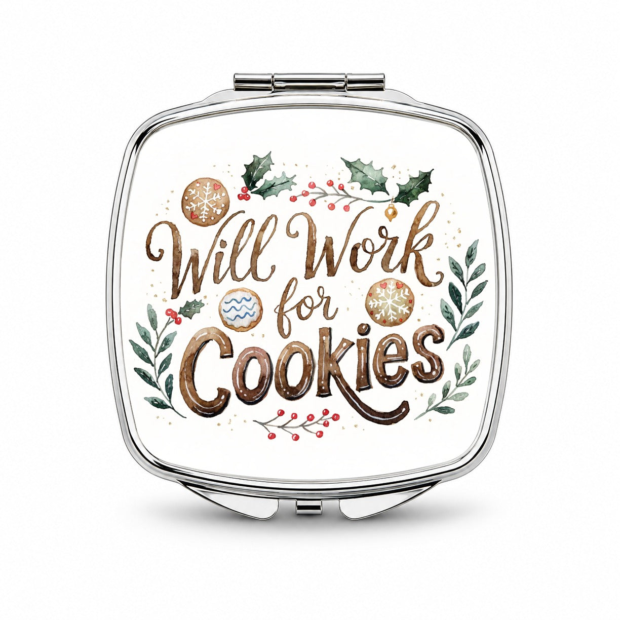 Will Work For Cookies Christmas Small Travel Purse Handbag Pocket Makeup Compact Mirror