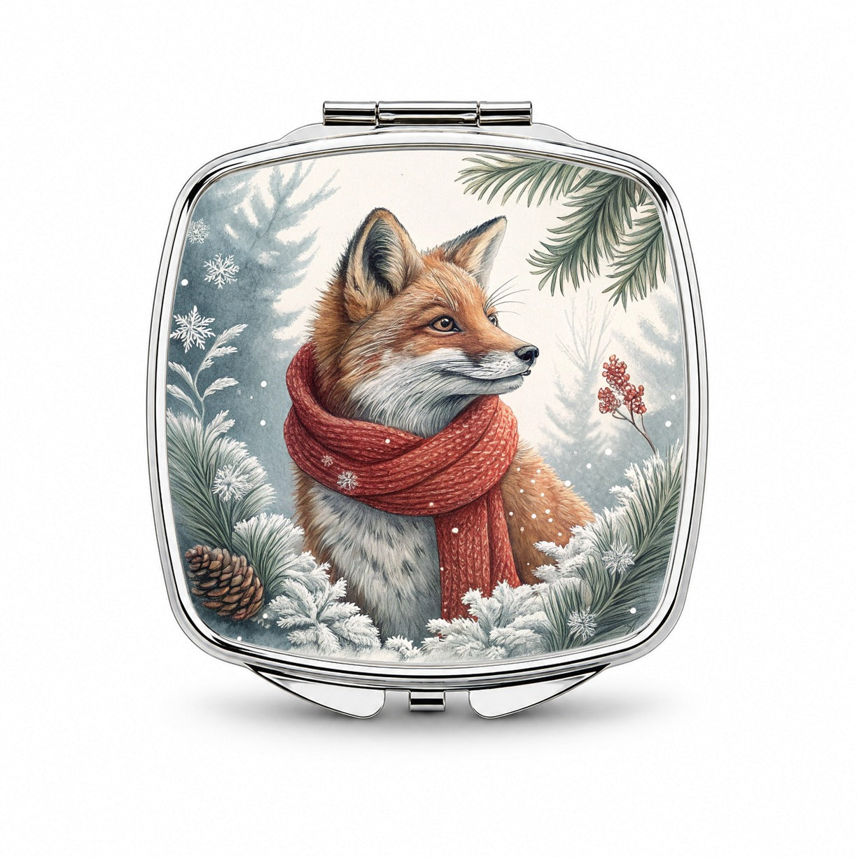 Winter Fox With Scarf Christmas Small Travel Purse Handbag Pocket Makeup Compact Mirror