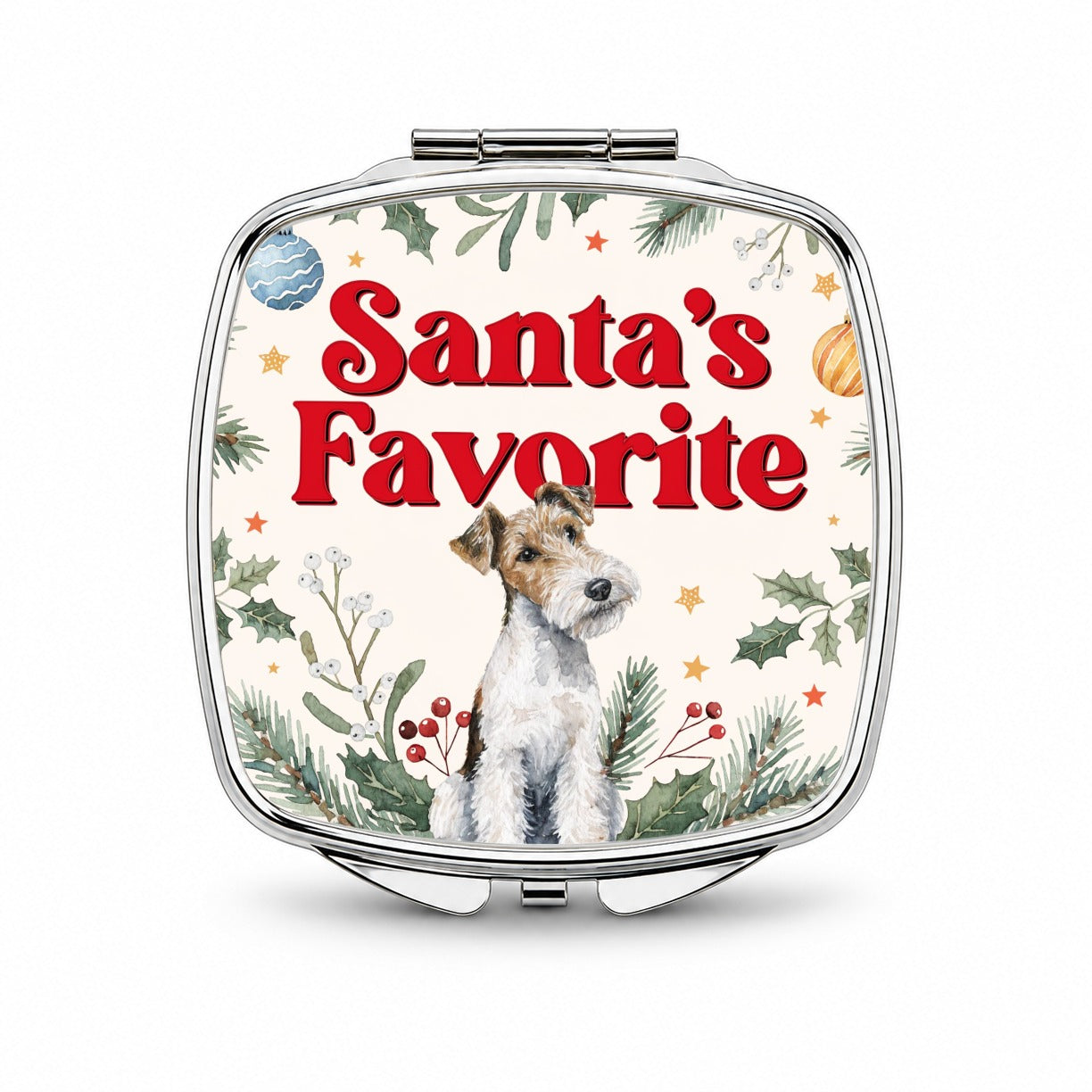 Wire Fox Terrier Dog Christmas Santa's Favorite Small Travel Purse Handbag Pocket Makeup Compact Mirror