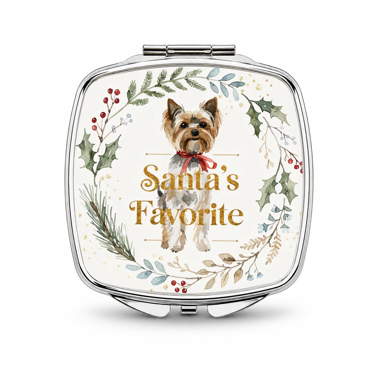 Yorkshire Terrier Yorkie Dog Christmas Santa's Favorite Small Travel Purse Handbag Pocket Makeup Compact Mirror