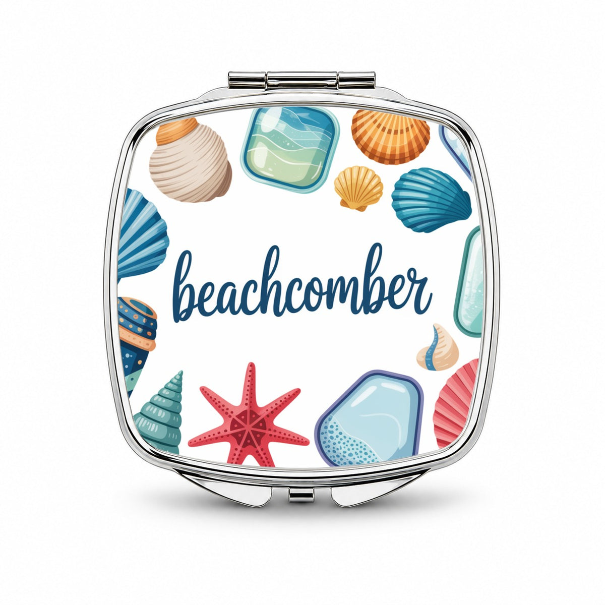 Beachcomber Seashells Sea Glass Small Travel Purse Handbag Pocket Makeup Compact Mirror