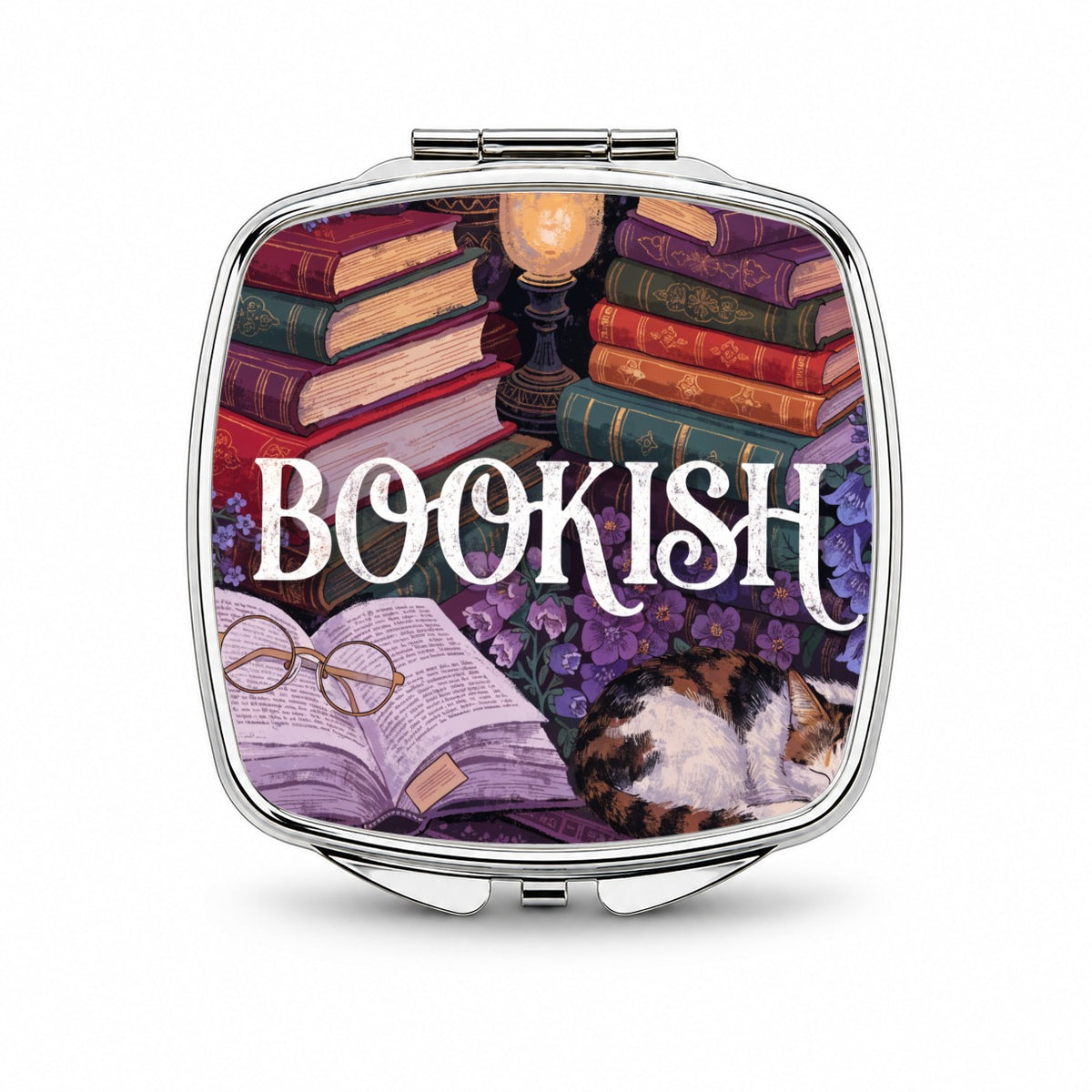 Bookish Reading Books Cat Small Travel Purse Handbag Pocket Makeup Compact Mirror