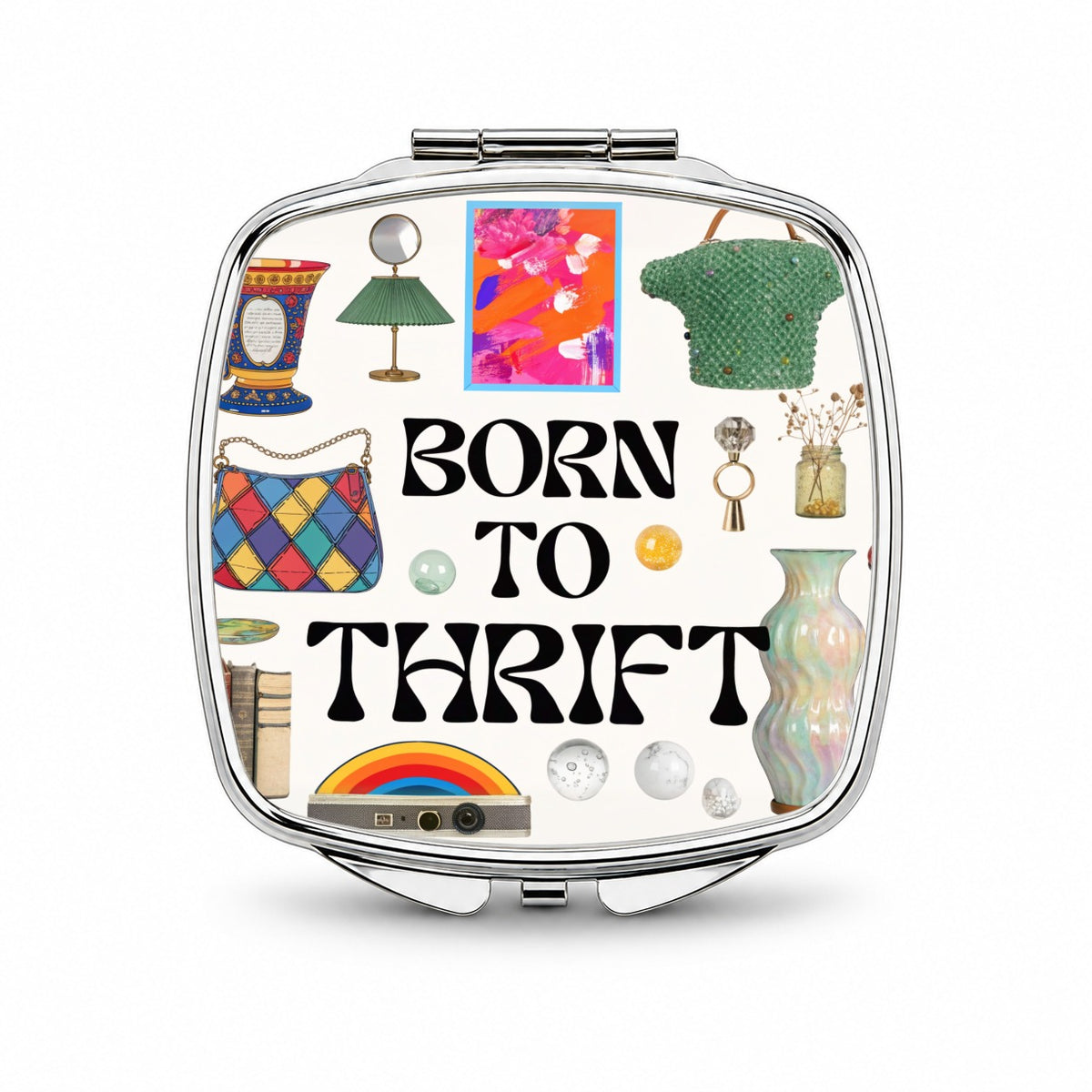 Born To Thrift Thrifting Small Travel Purse Handbag Pocket Makeup Compact Mirror