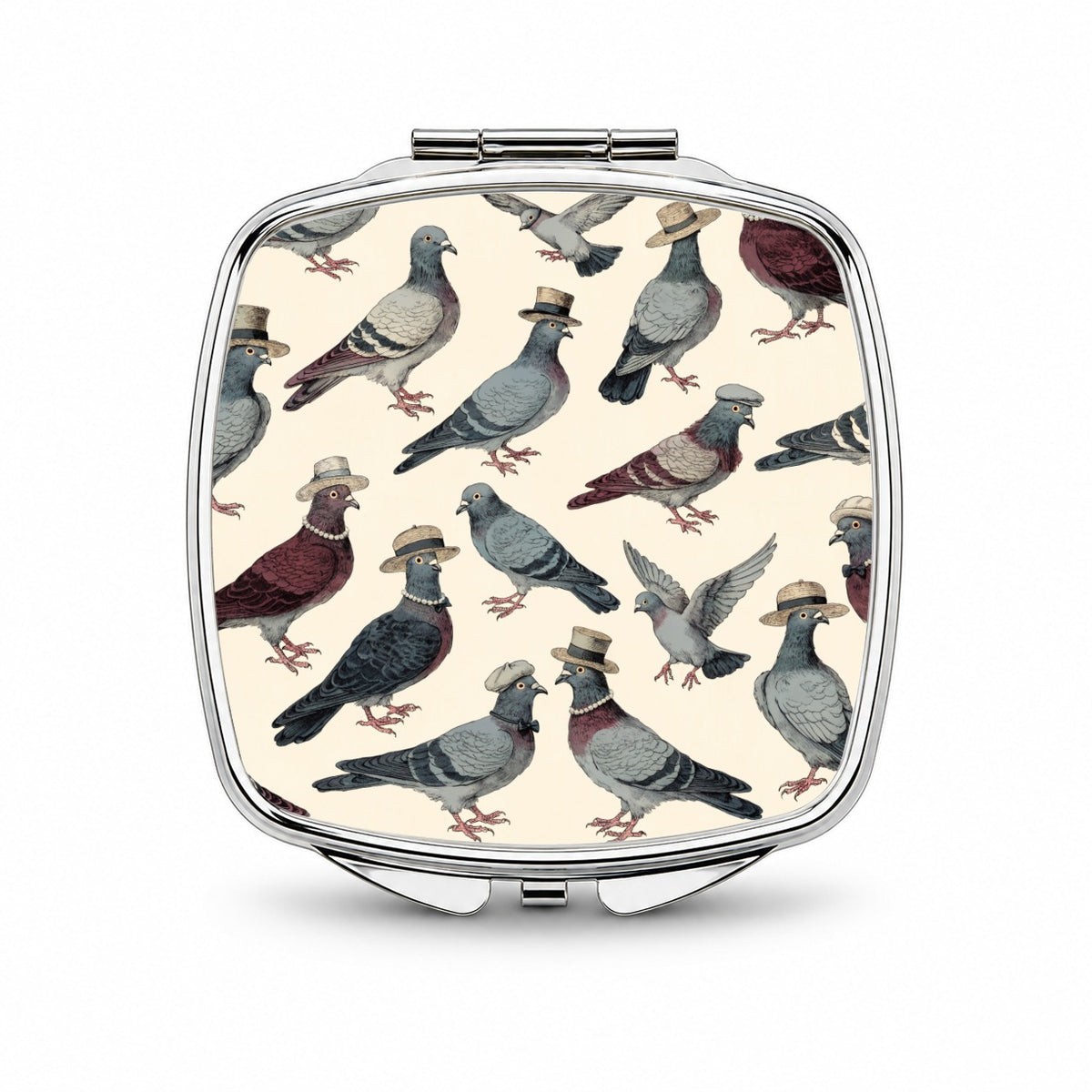 Charming Pigeons Wearing Hat Small Travel Purse Handbag Pocket Makeup Compact Mirror
