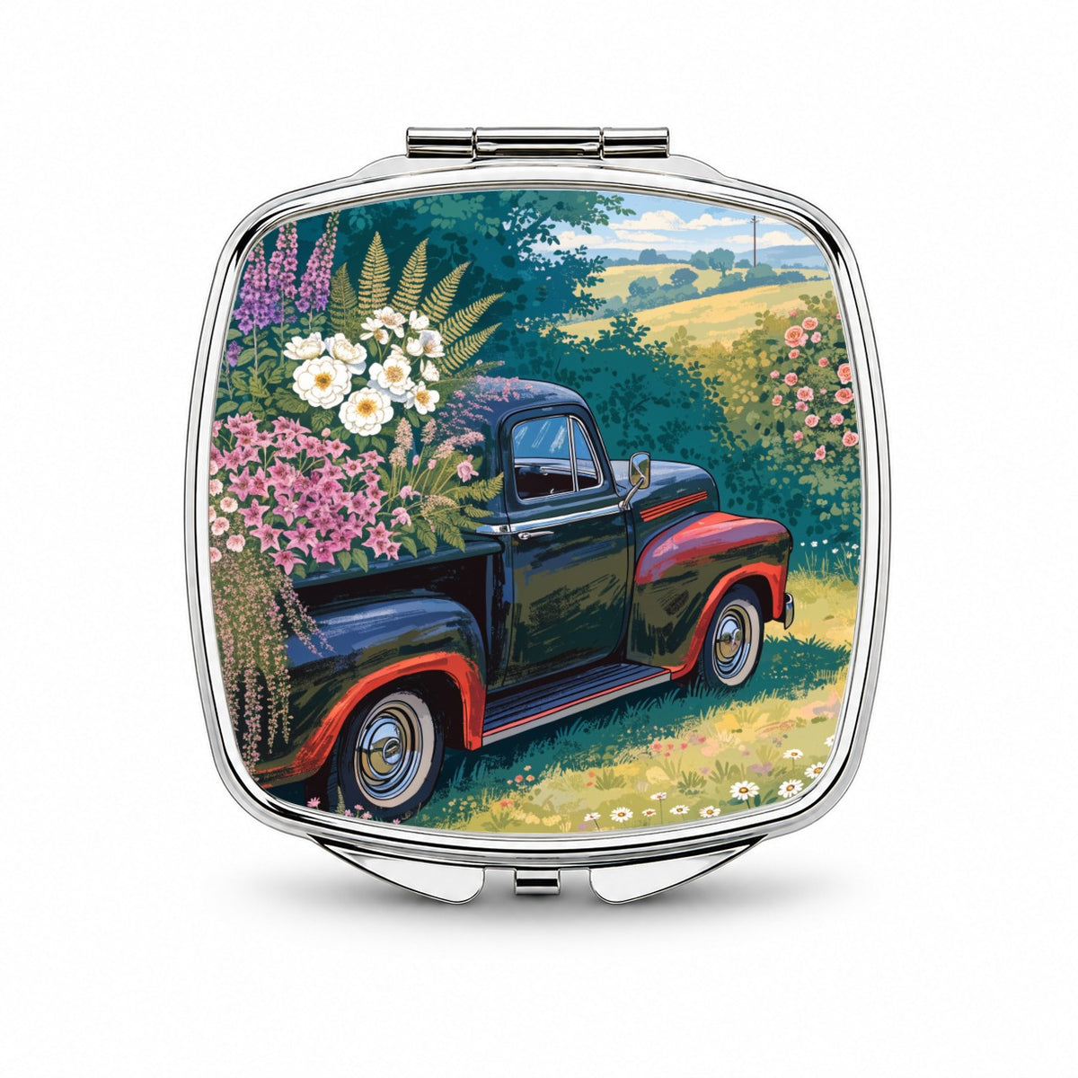 Charming Vintage Flower Pickup Truck Small Travel Purse Handbag Pocket Makeup Compact Mirror