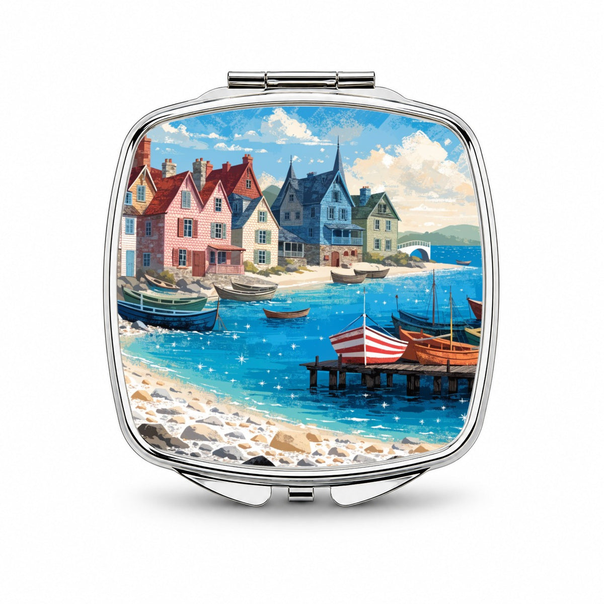 Colorful Coastal Fishing Village Small Travel Purse Handbag Pocket Makeup Compact Mirror