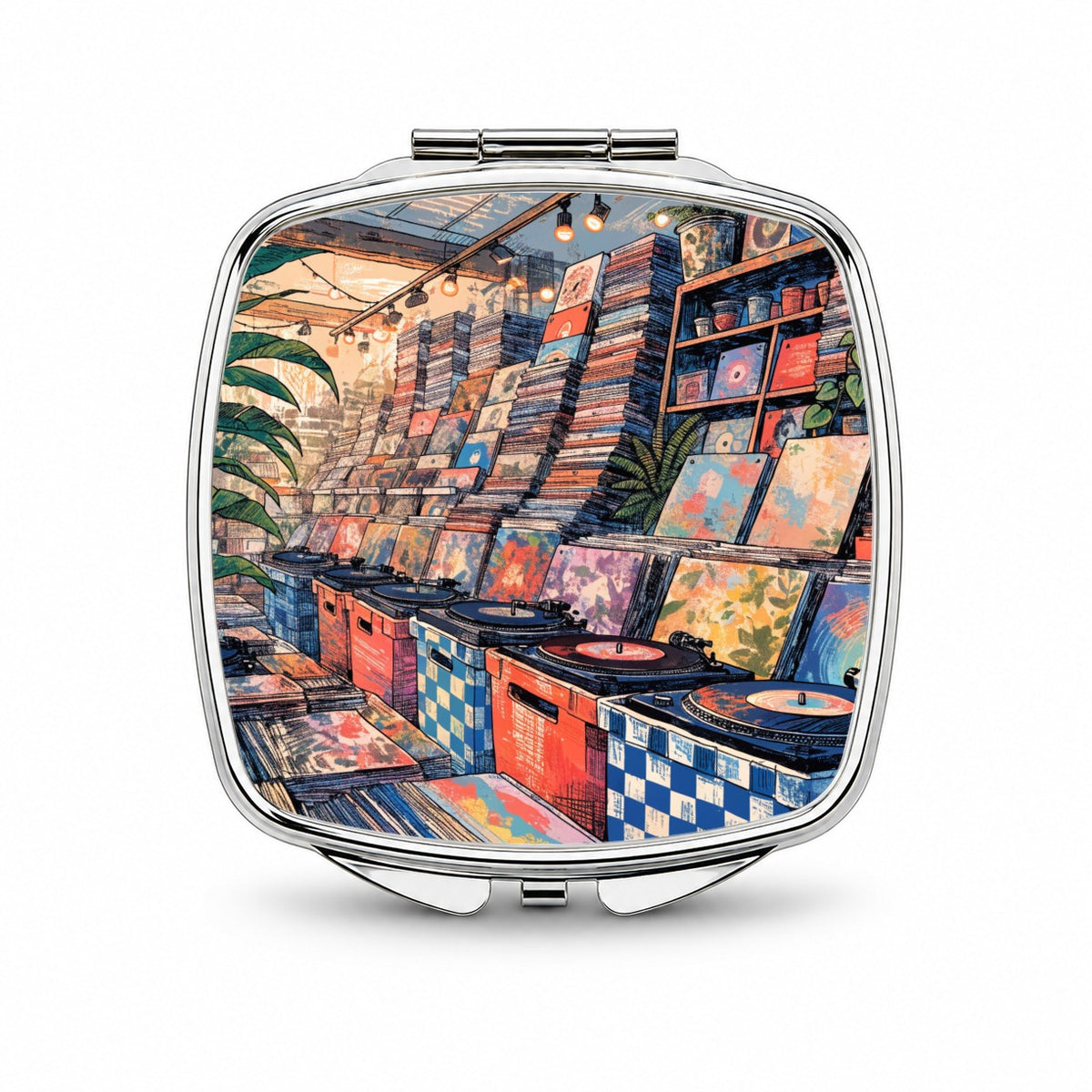 Cozy Record Store Small Travel Purse Handbag Pocket Makeup Compact Mirror