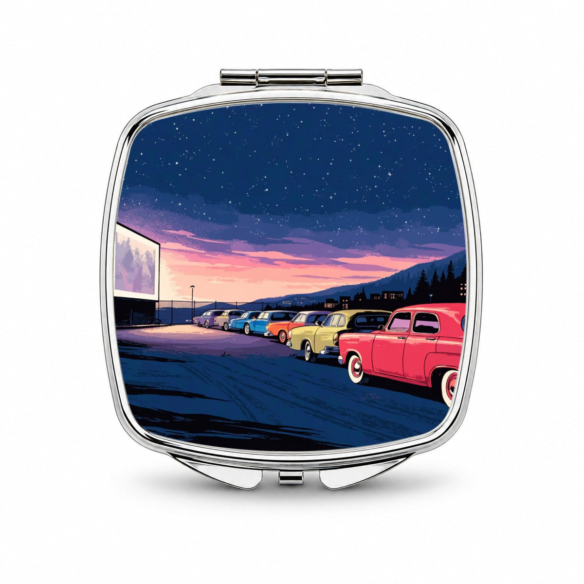 Drive-In Movie Night Small Travel Purse Handbag Pocket Makeup Compact Mirror
