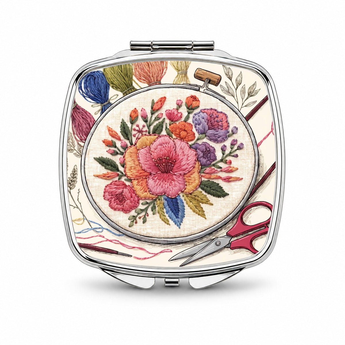 Embroidery Floral Hoop Small Travel Purse Handbag Pocket Makeup Compact Mirror