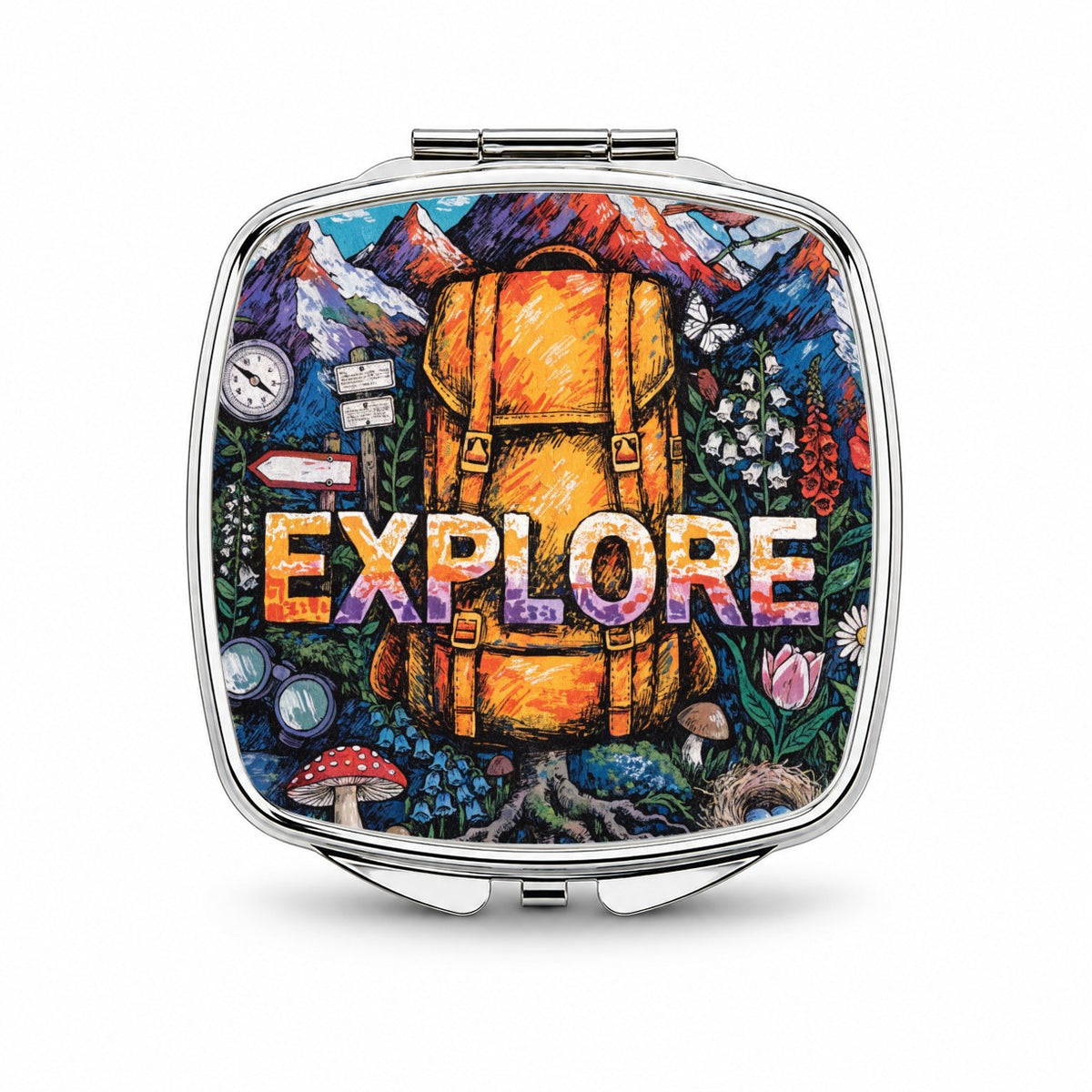 Explore Hiking Backpacking Illustration Small Travel Purse Handbag Pocket Makeup Compact Mirror