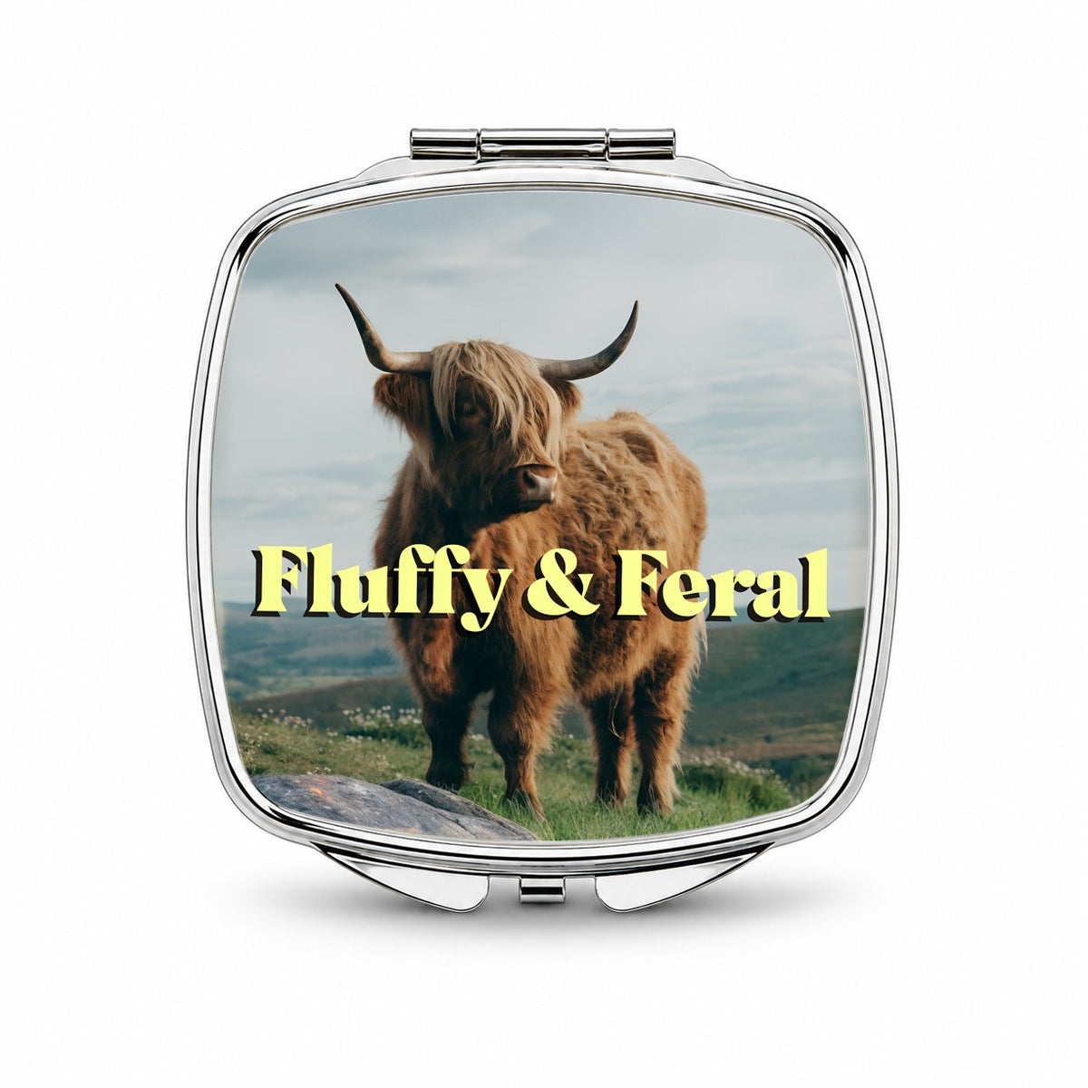 Fluffy Feral Highland Cow Funny Small Travel Purse Handbag Pocket Makeup Compact Mirror