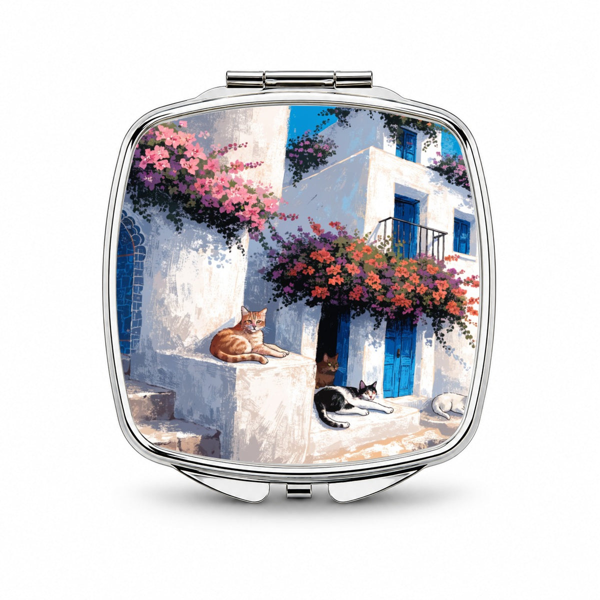 Greek Island Cats Small Travel Purse Handbag Pocket Makeup Compact Mirror