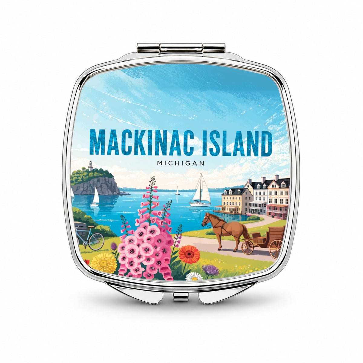 Mackinac Island Michigan Travel Small Travel Purse Handbag Pocket Makeup Compact Mirror