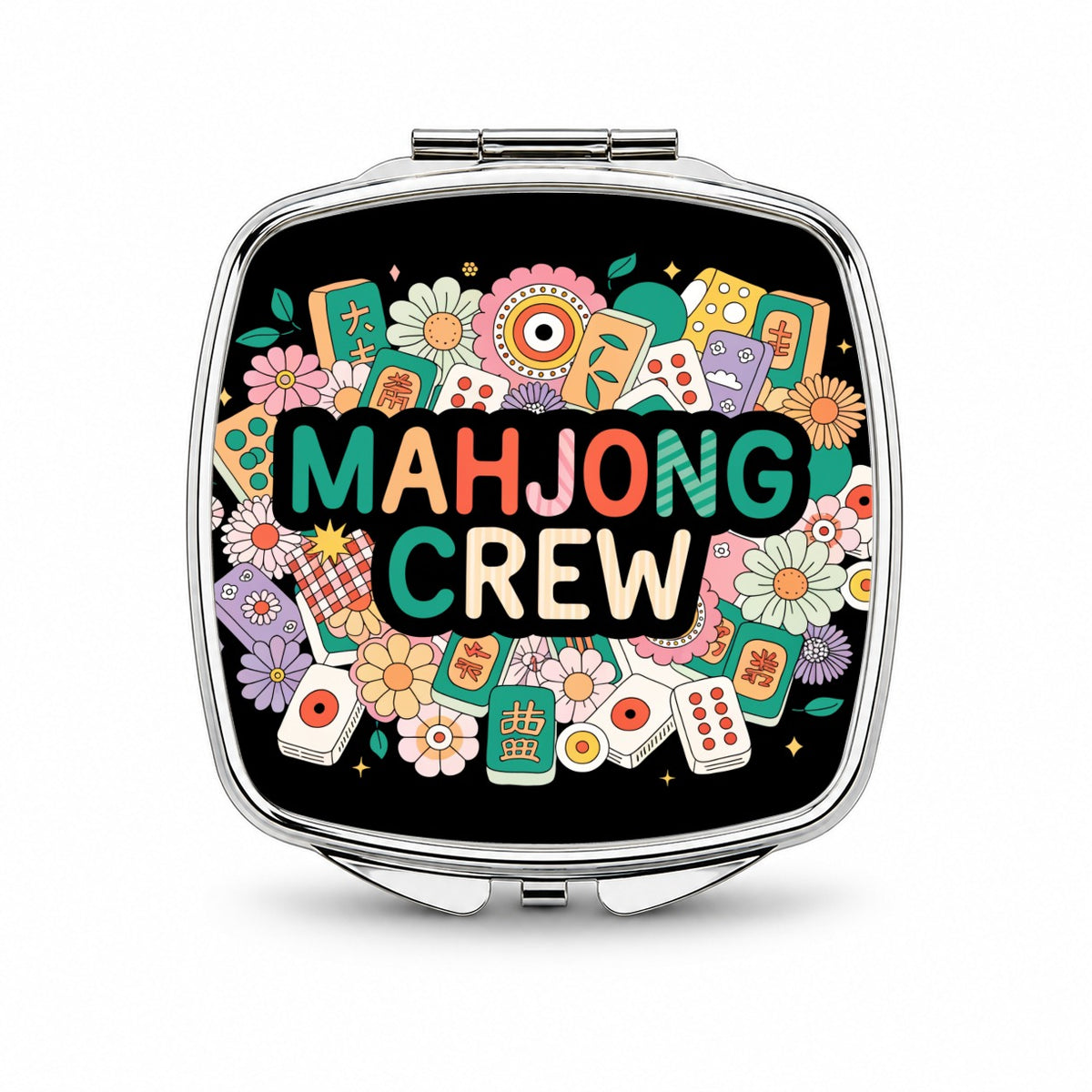 Mahjong Crew Game Colorful Small Travel Purse Handbag Pocket Makeup Compact Mirror