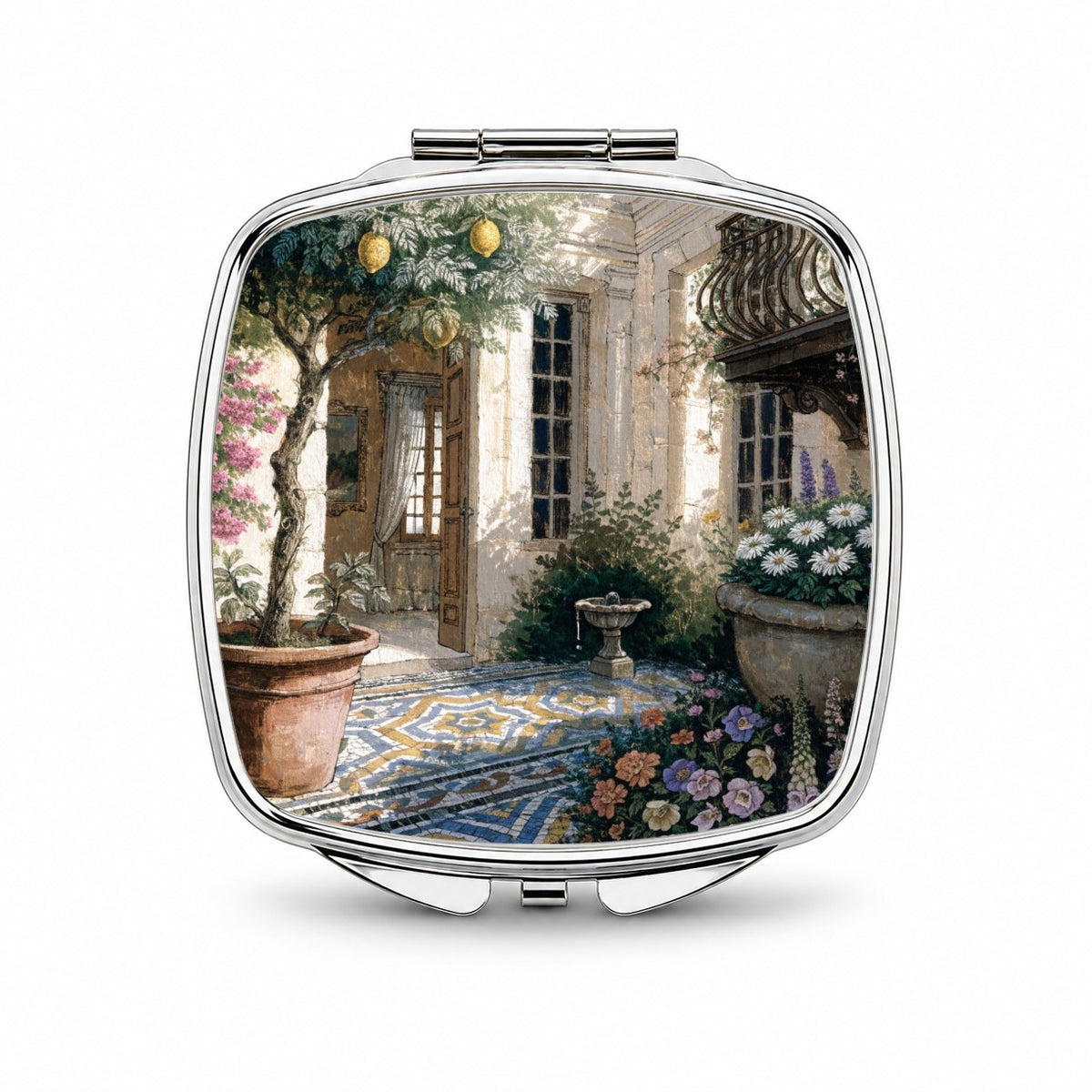 Mediterranean Courtyard Garden Small Travel Purse Handbag Pocket Makeup Compact Mirror