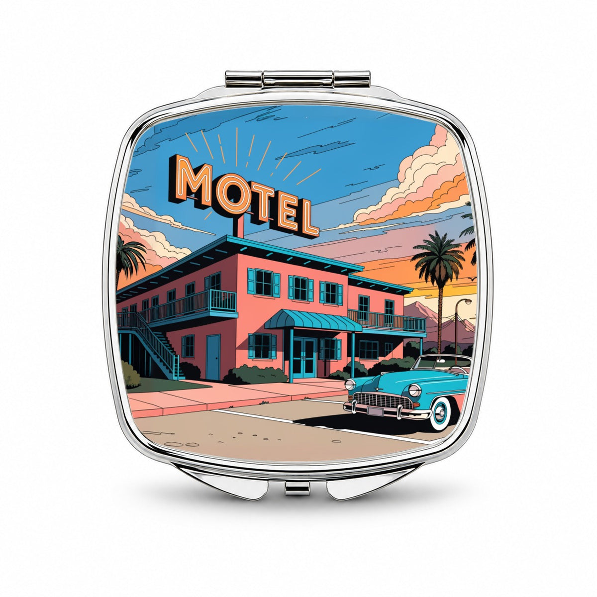Mid Century Roadside Motel Small Travel Purse Handbag Pocket Makeup Compact Mirror