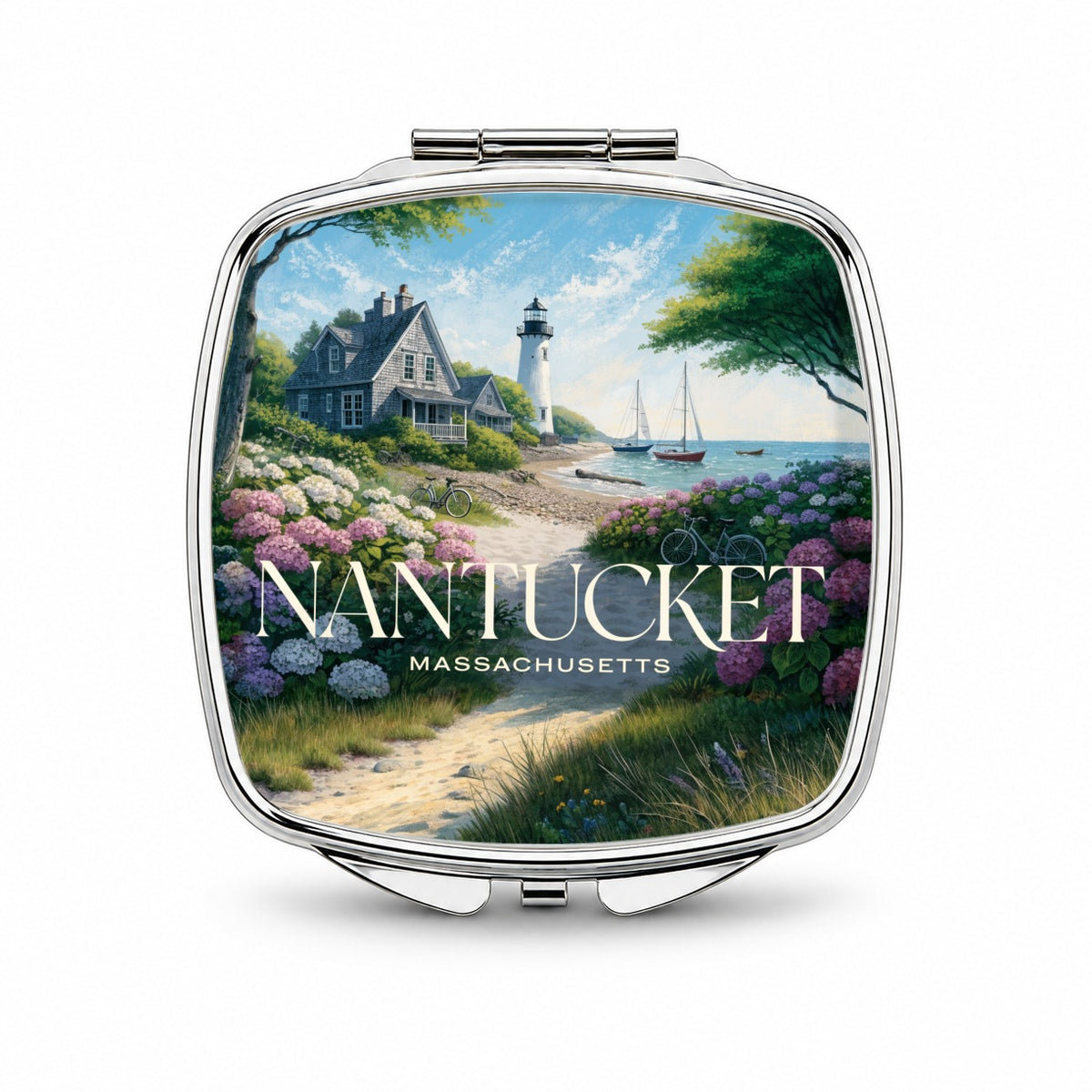 Nantucket Massachusetts Travel Lighthouse Small Travel Purse Handbag Pocket Makeup Compact Mirror