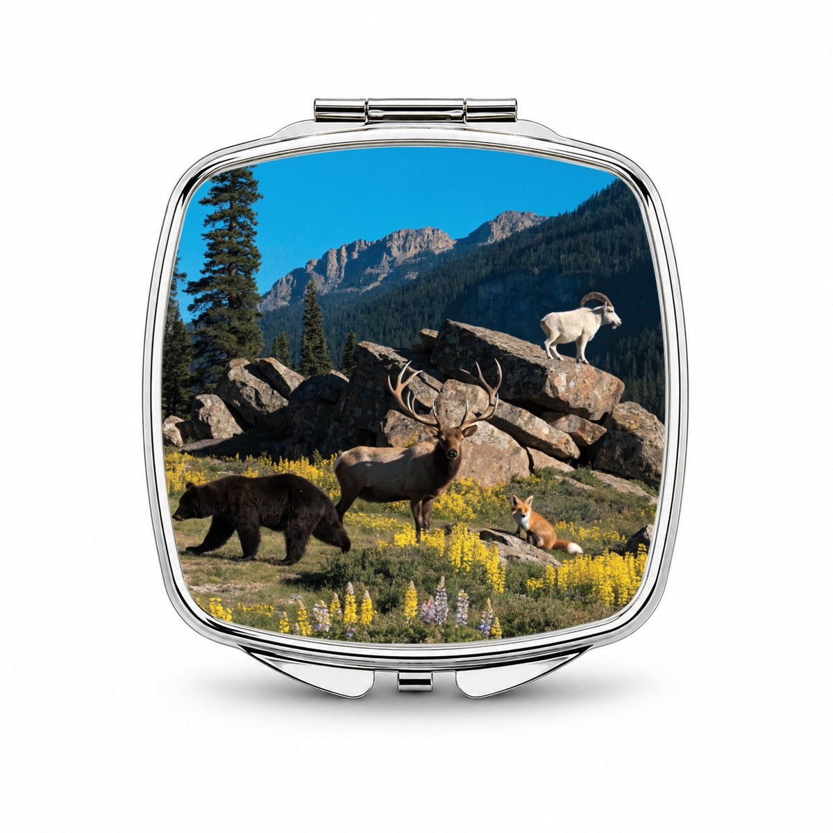 National Park Animals Photo Bear Elk Fox Goat Small Travel Purse Handbag Pocket Makeup Compact Mirror