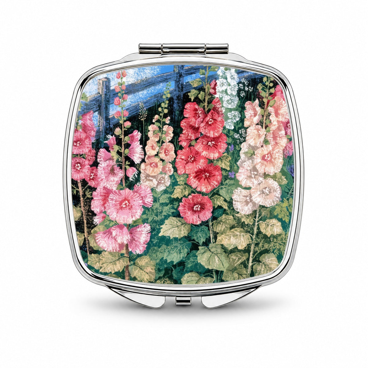 Pink Hollyhock Cottage Garden Small Travel Purse Handbag Pocket Makeup Compact Mirror